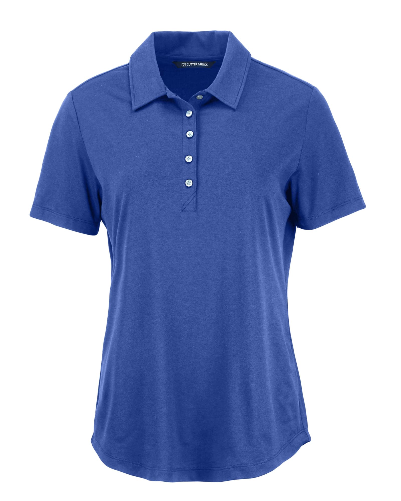 A blue polo shirt with a collar and button placket, featuring a logo on the chest.