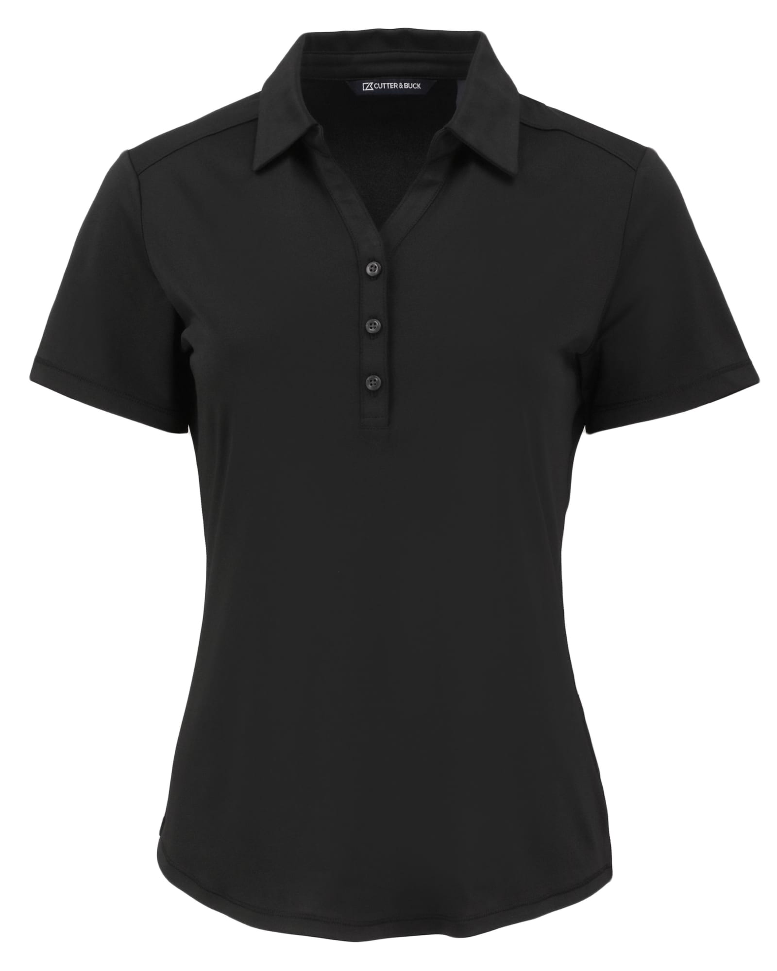 A black polo shirt with a collar and button placket, featuring a logo on the chest.