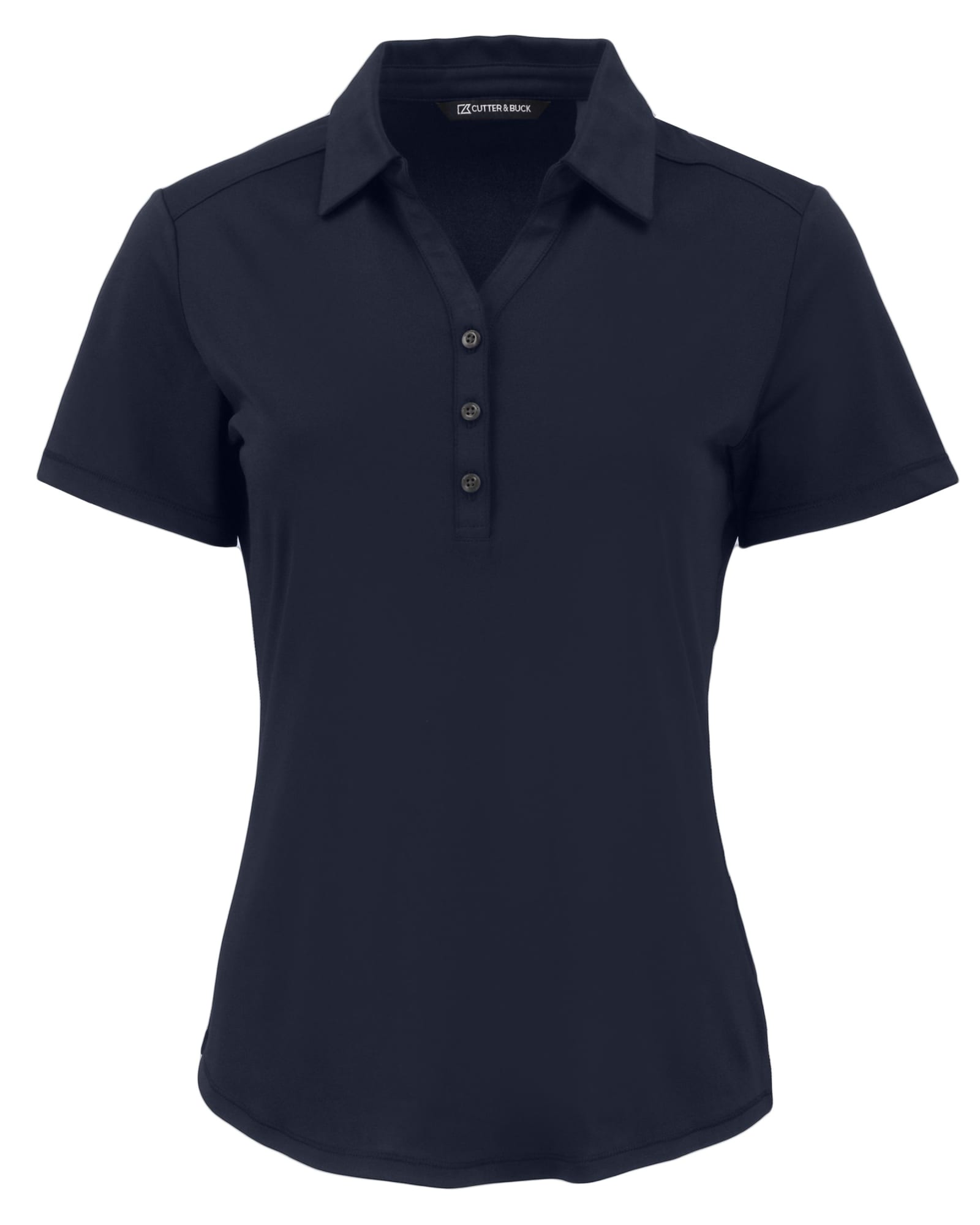 A navy polo shirt for ladies with a collared neckline and a button-up front, featuring a logo detail.