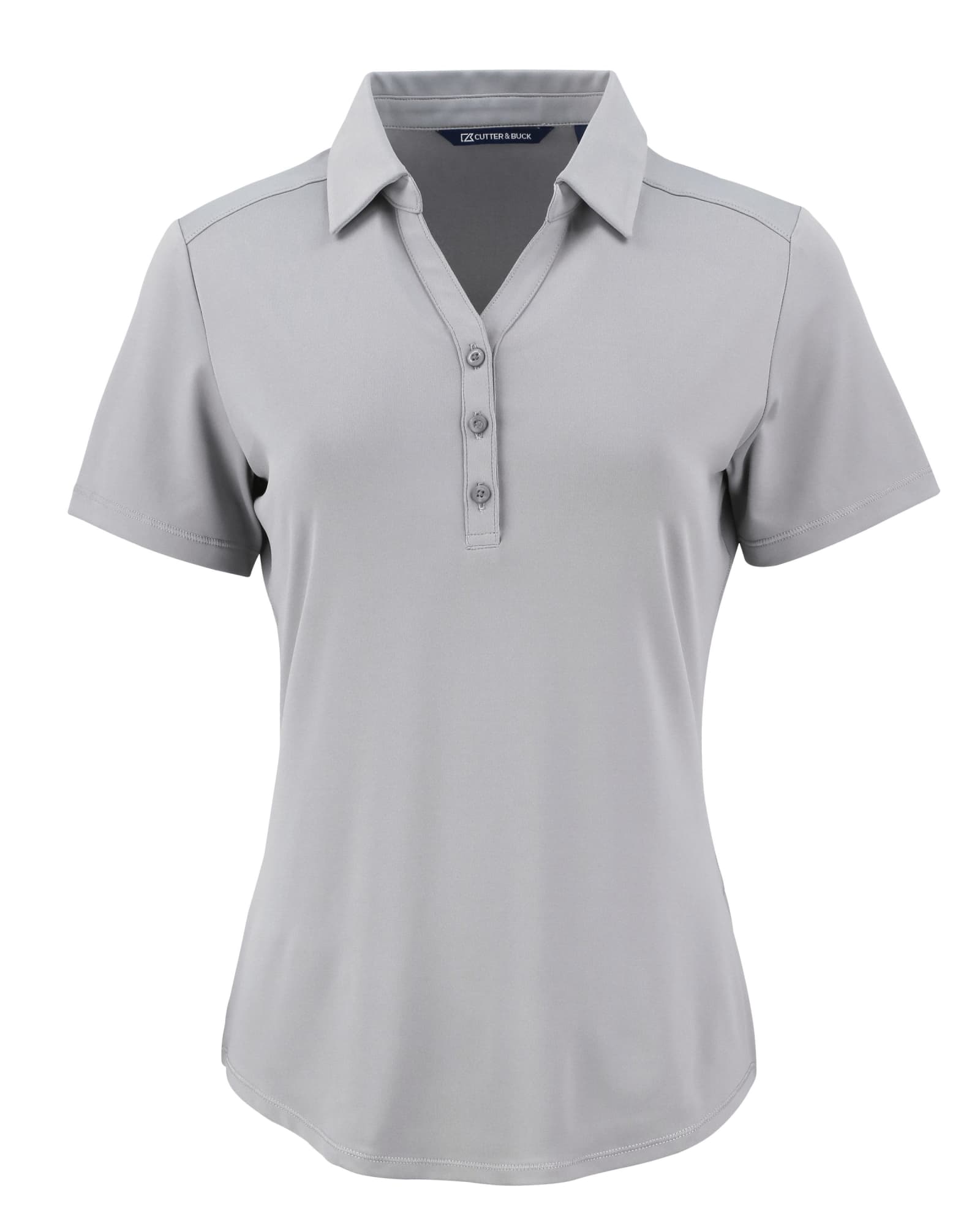 A light grey polo shirt with a buttoned placket and a collar. It features a logo on the front.