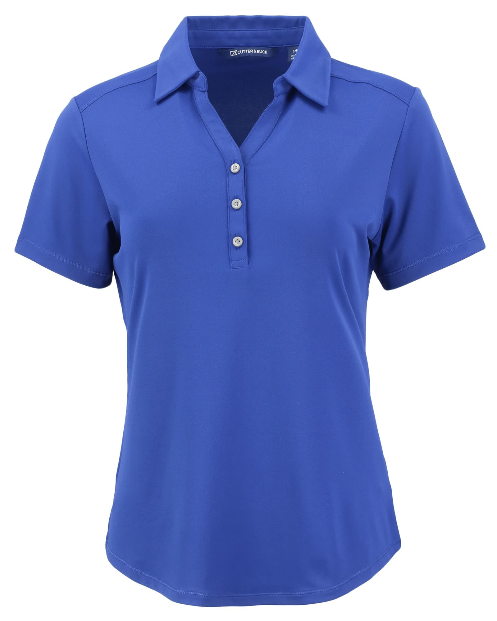 A women's polo shirt in vibrant blue, featuring a collar, button placket, and short sleeves. Includes a logo.