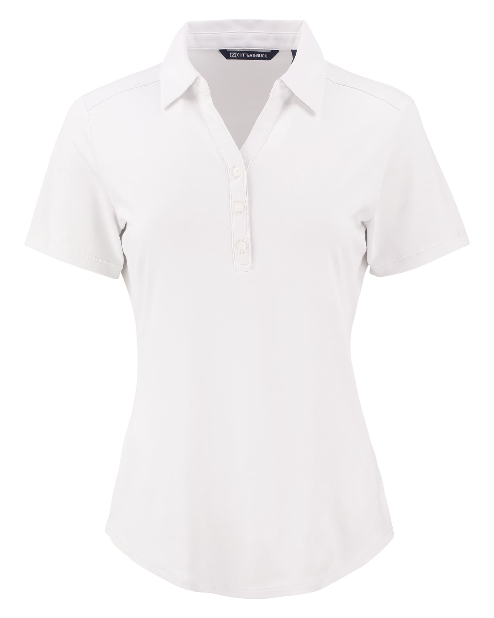 A white polo shirt for women featuring a classic collar and a branded logo. Short sleeves and button detail included.