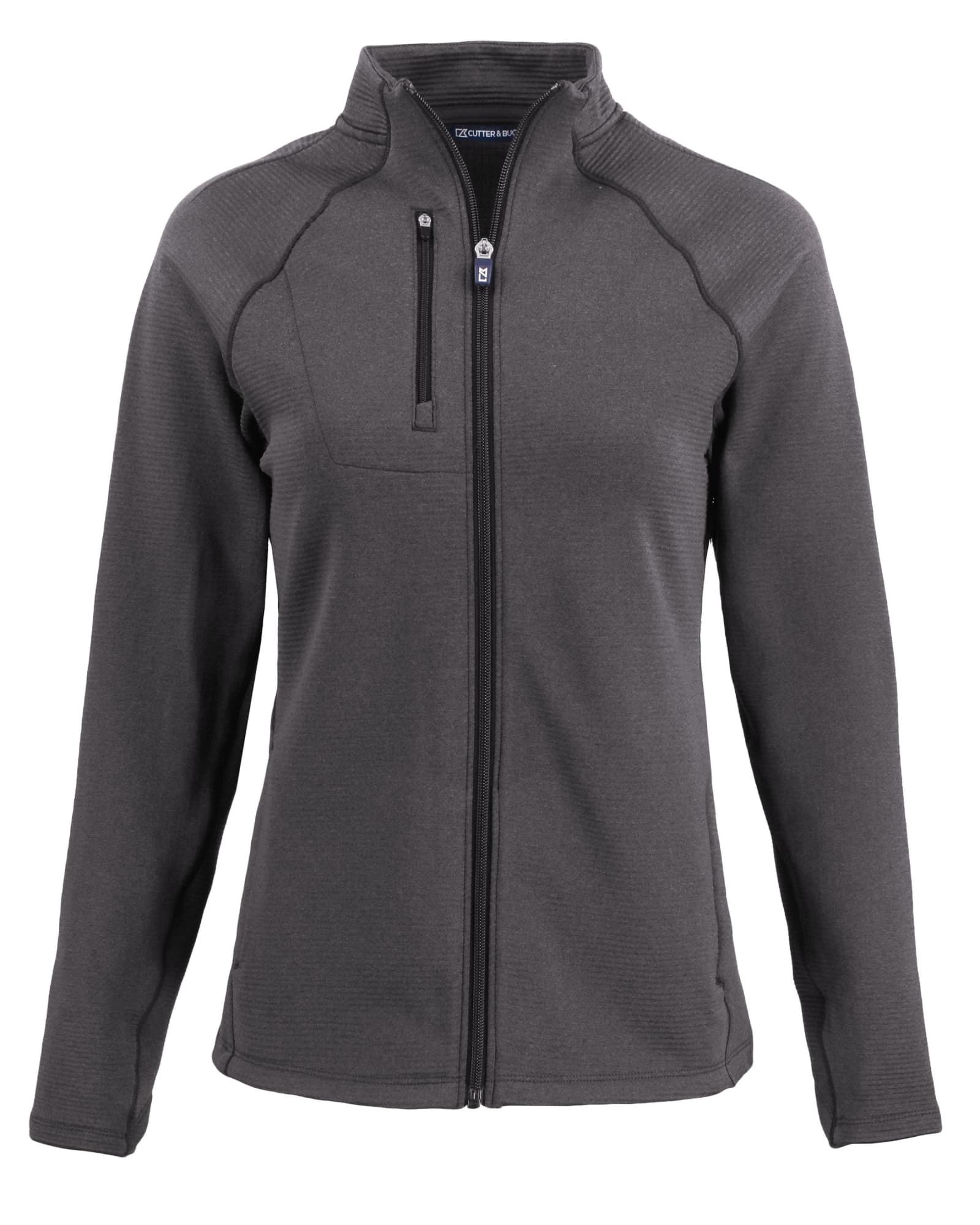 A grey eco fleece full zip jacket for women featuring a zippered chest pocket and a branded logo.