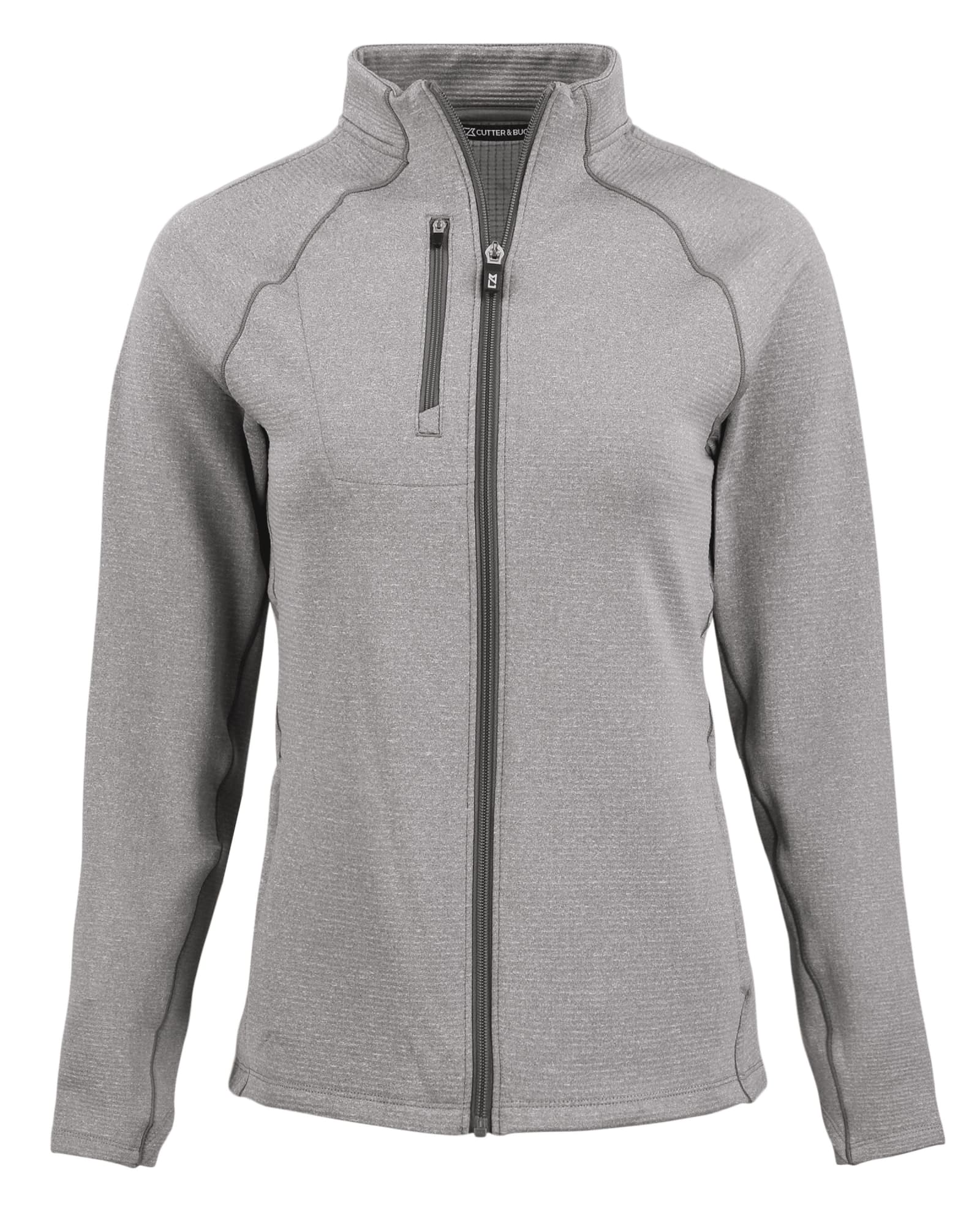 A grey eco fleece full zip jacket for ladies with a zippered chest pocket and a logo on the front.