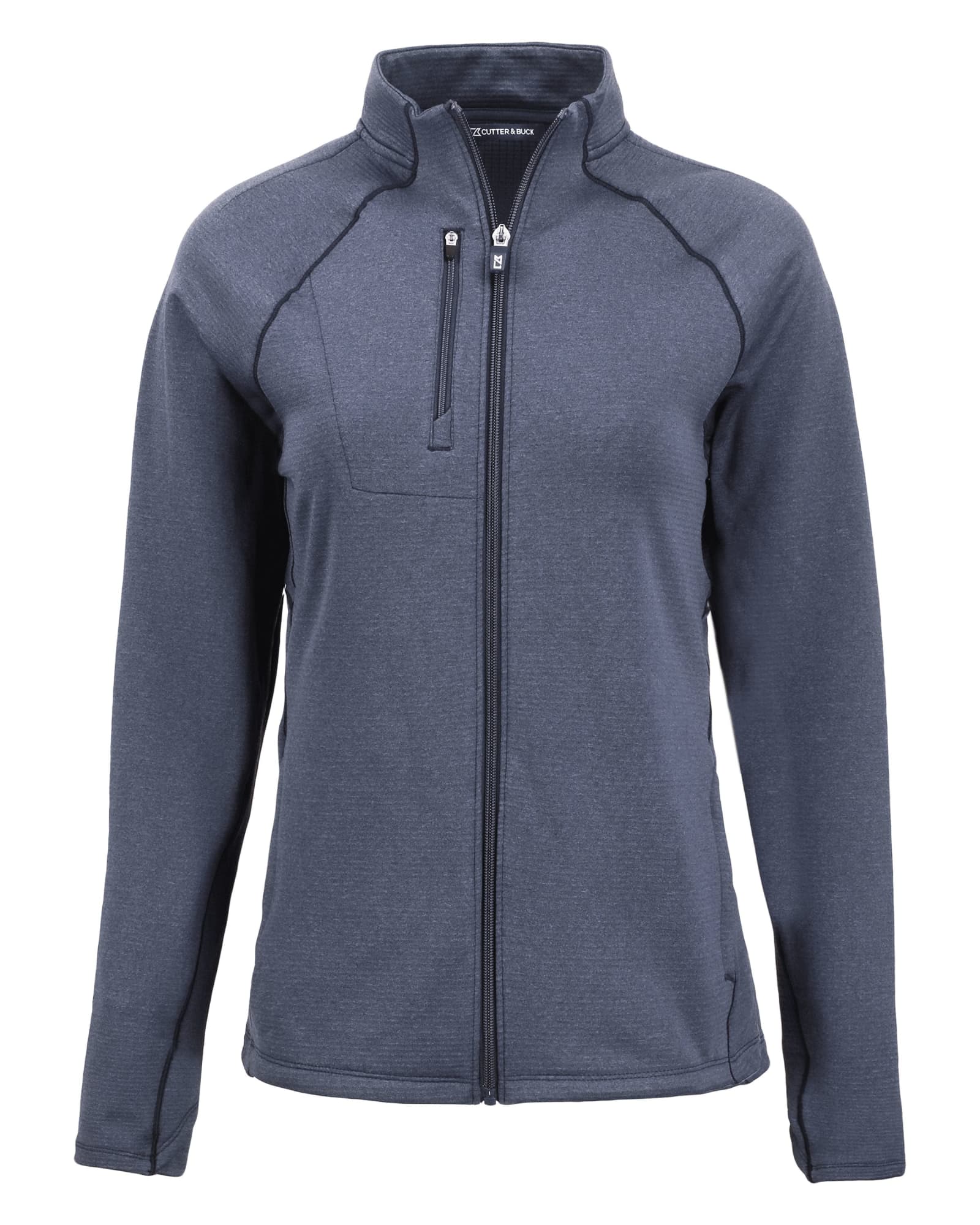 A full zip fleece jacket in navy blue, featuring a high collar and a zippered chest pocket. Includes a logo.