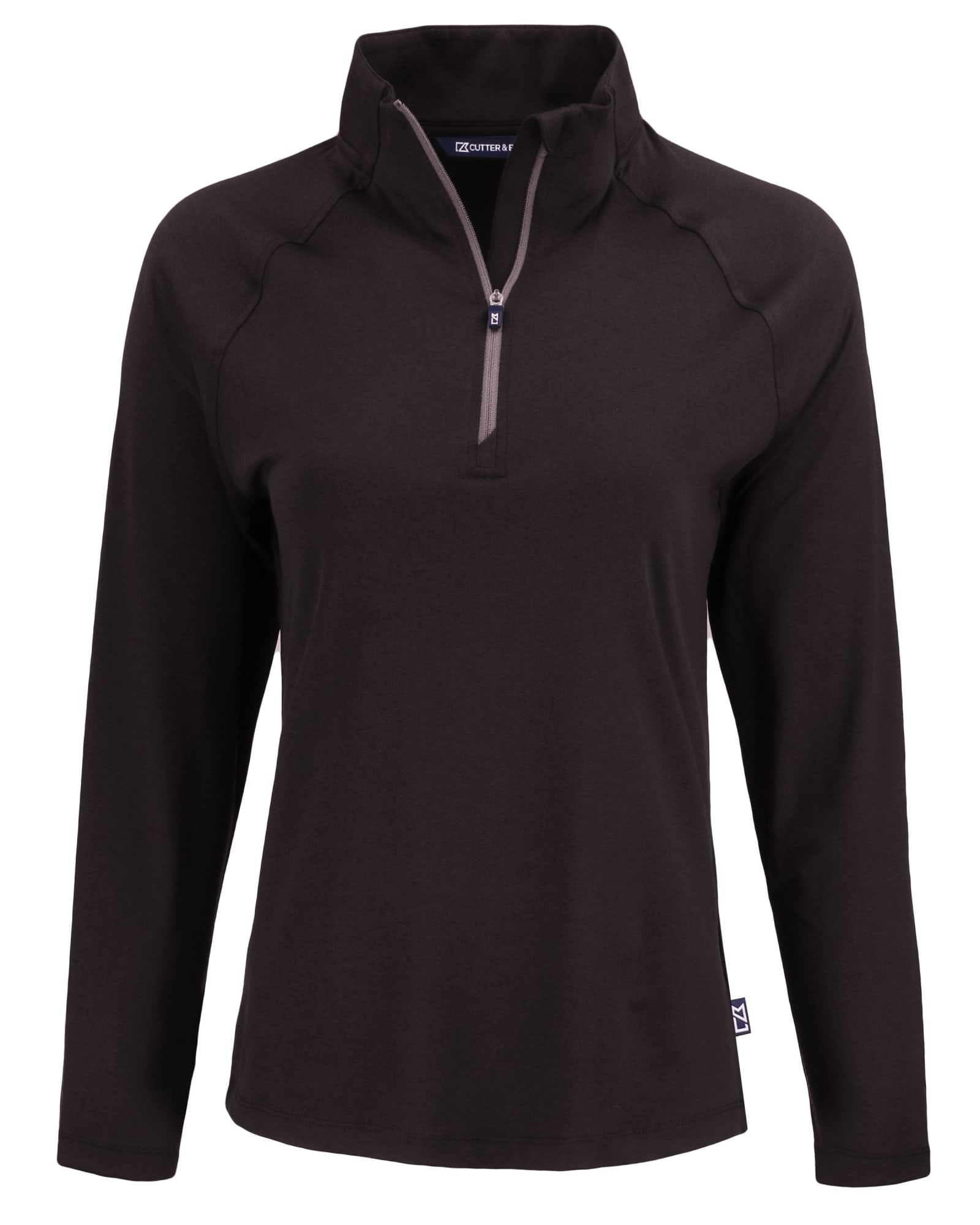 A ladies' quarter zip top in black with long sleeves and a mock collar, featuring a logo.