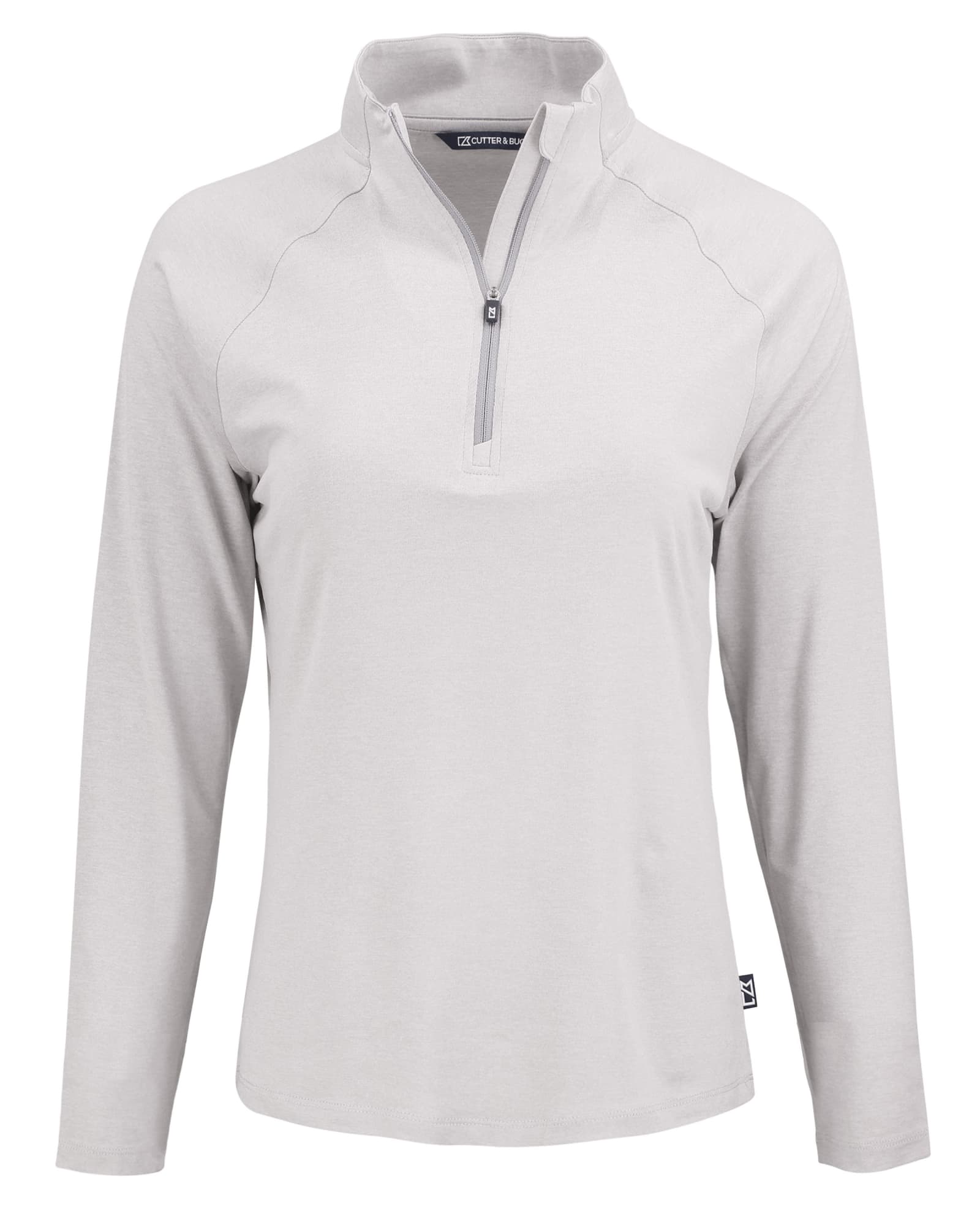 A light grey quarter-zip long sleeve top with a stand collar and a subtle logo at the hem.