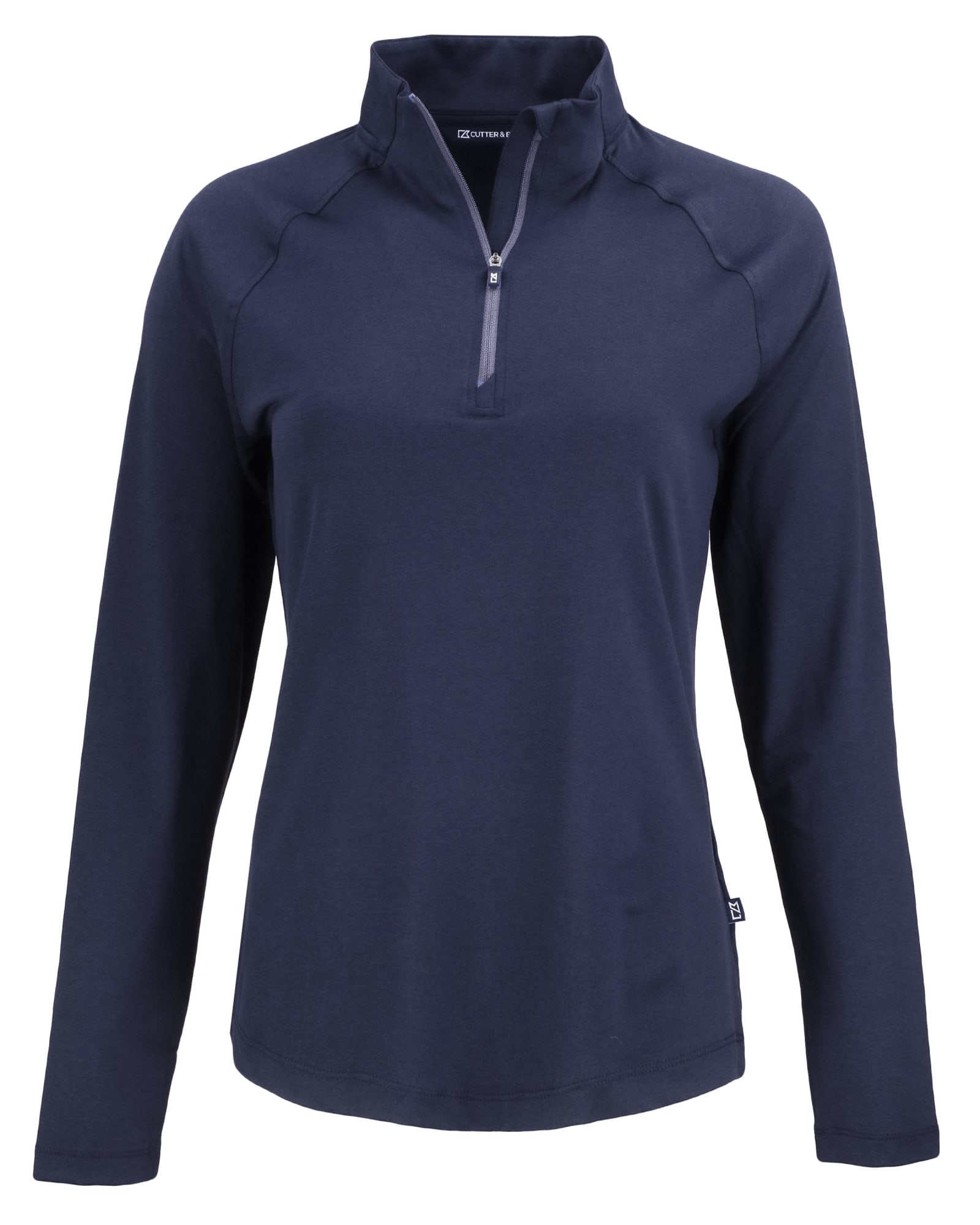 A navy quarter zip pullover for women with long sleeves and a simple design, featuring a logo on the side.