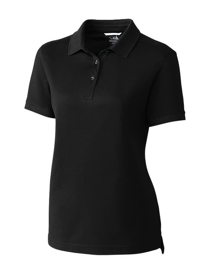 A black women's polo shirt with a collar, featuring a logo. Suitable for casual or active wear.