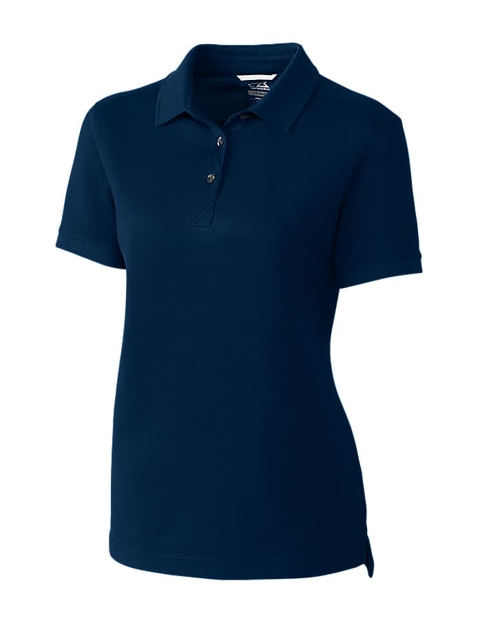 A navy blue women's polo shirt with a collar, short sleeves, and a logo on the chest.