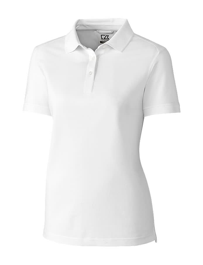 A white Ladies CB DryTec Advantage Polo shirt featuring a classic collar and a logo on the chest.
