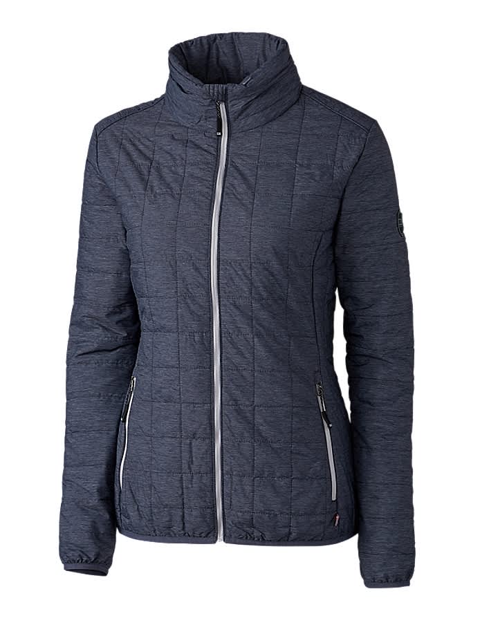 A dark blue women's rain jacket featuring a high collar and zippered front pockets. It has a logo on the sleeve.