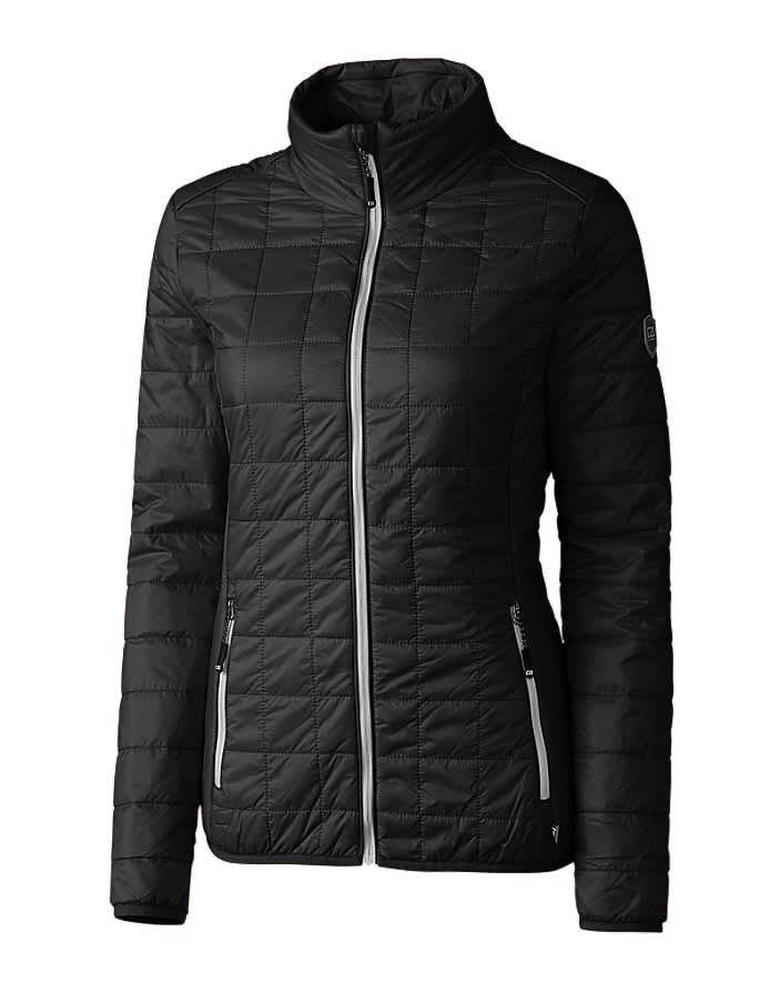 A black ladies' rain jacket featuring a zip front, quilted design, and side pockets. It has a logo on one sleeve.