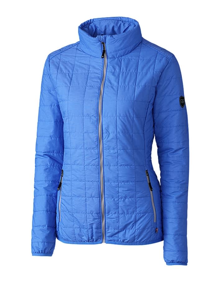 A blue ladies rain jacket featuring a zip front, high collar, and side pockets, with a logo on the sleeve.