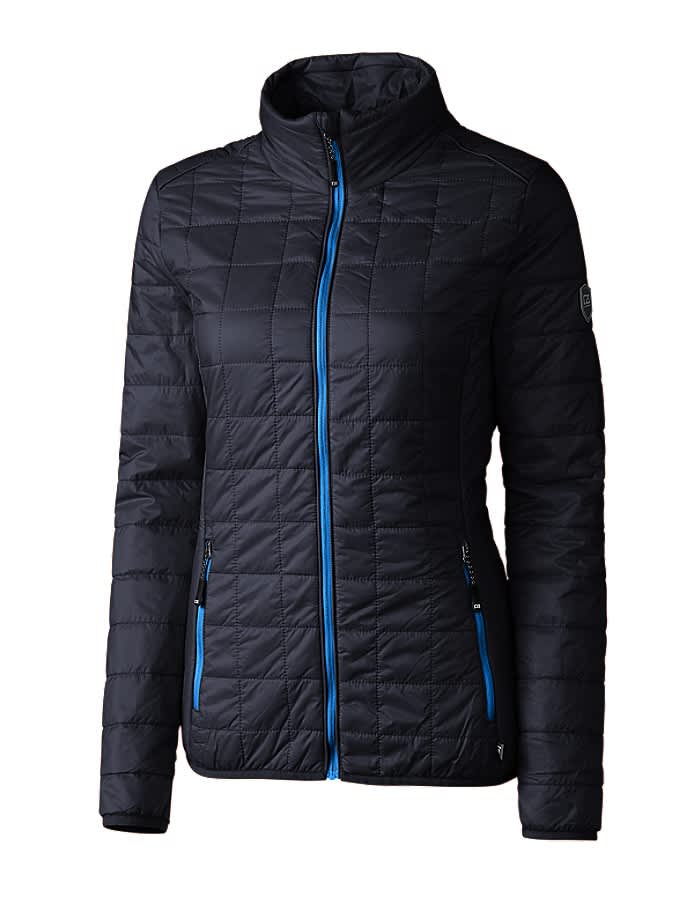 A black ladies' rain jacket with blue zippers and a high collar, featuring two zipped pockets and a logo.