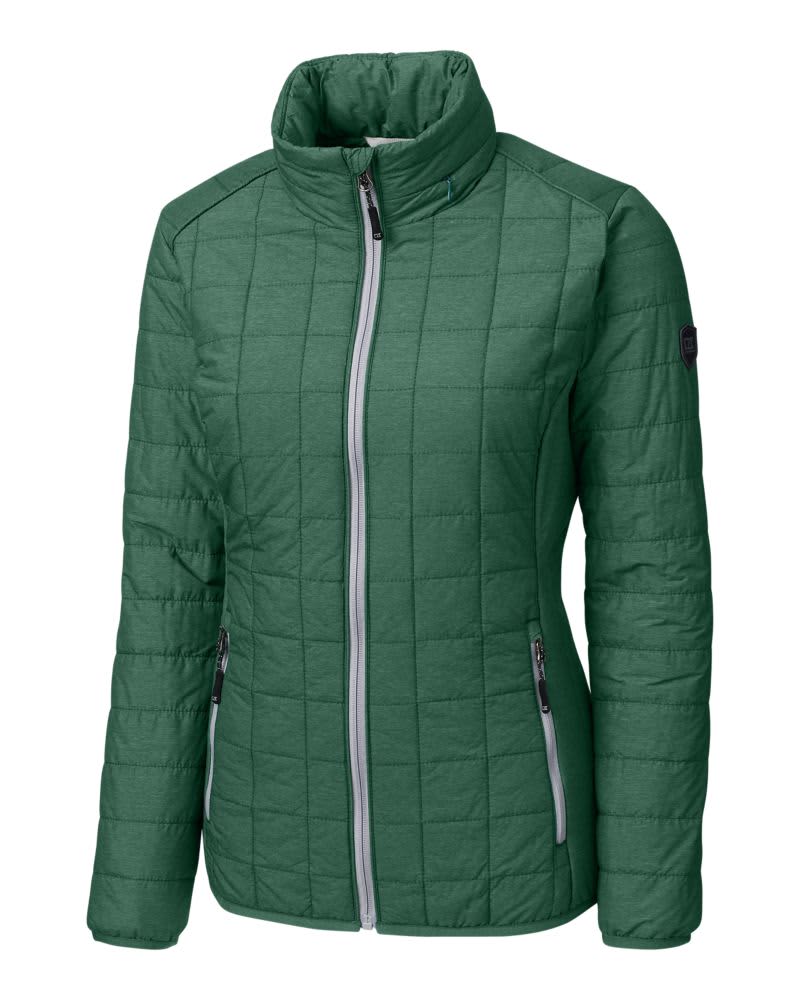 A green, quilted ladies' rain jacket featuring a high collar and zippered front pockets, with a logo on the sleeve.