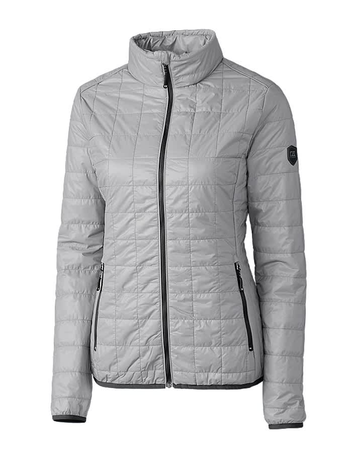 A light grey rain jacket with a fitted design, featuring a zipper and side pockets, and a small logo on the sleeve.