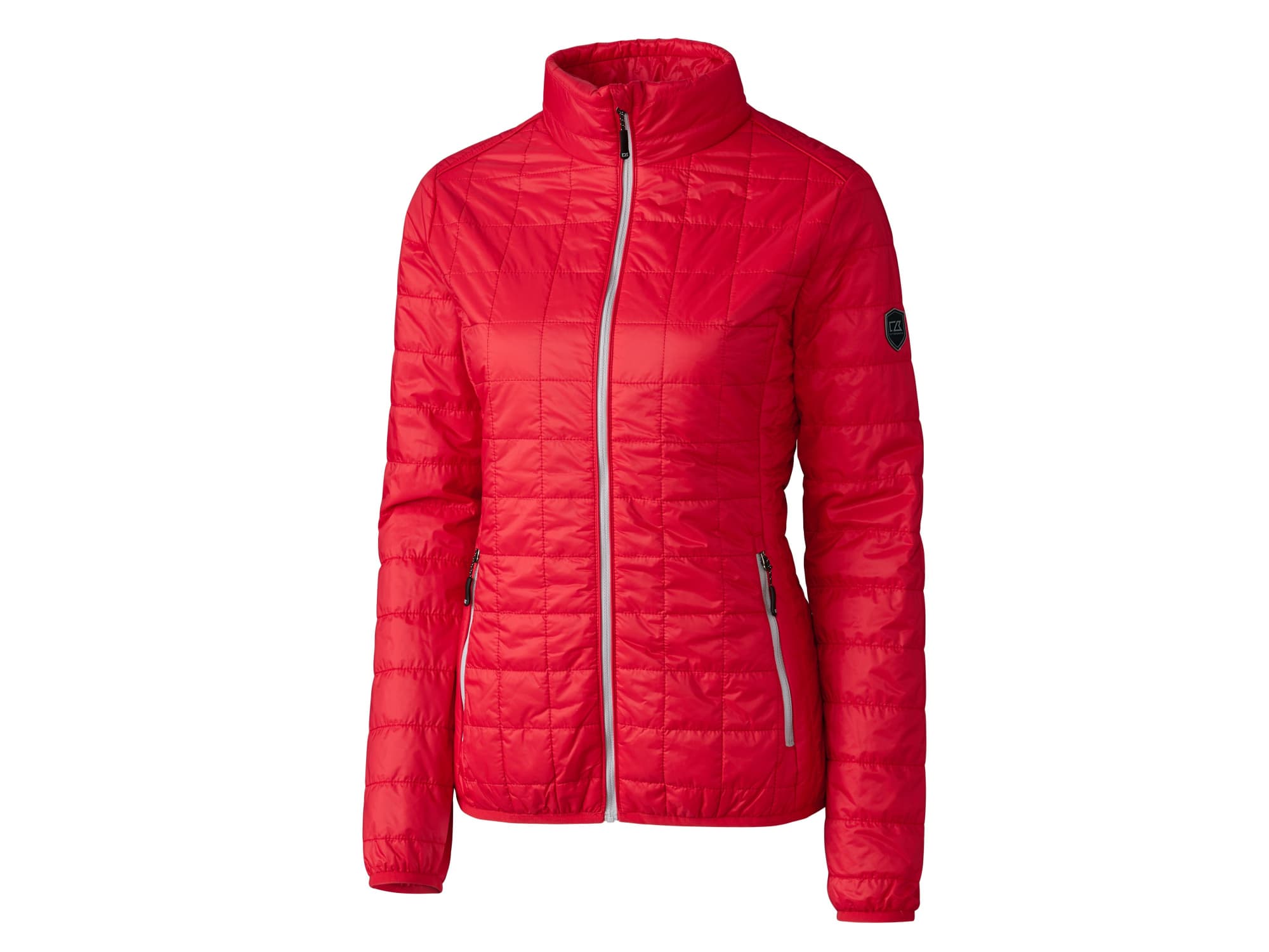 A red ladies rain jacket features a zip front, high collar, and is styled with a logo on the sleeve.