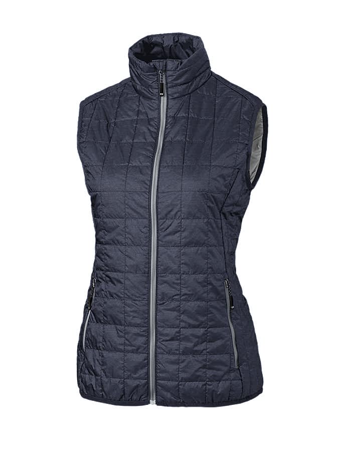 A dark grey puffer vest with a zip front and high collar, featuring two side pockets and a branding logo.
