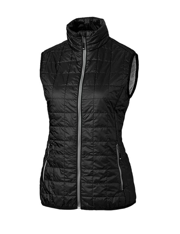 A black ladies' vest with a high collar, featuring a zip closure and side pockets. It has a logo on it.