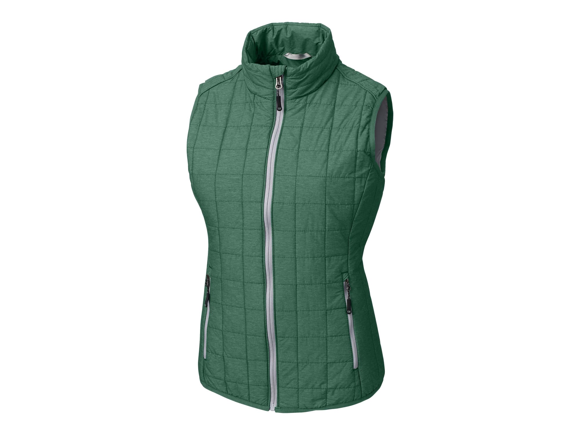 A green ladies' vest featuring a quilted design, zip front, and pockets. The vest has a branding logo.
