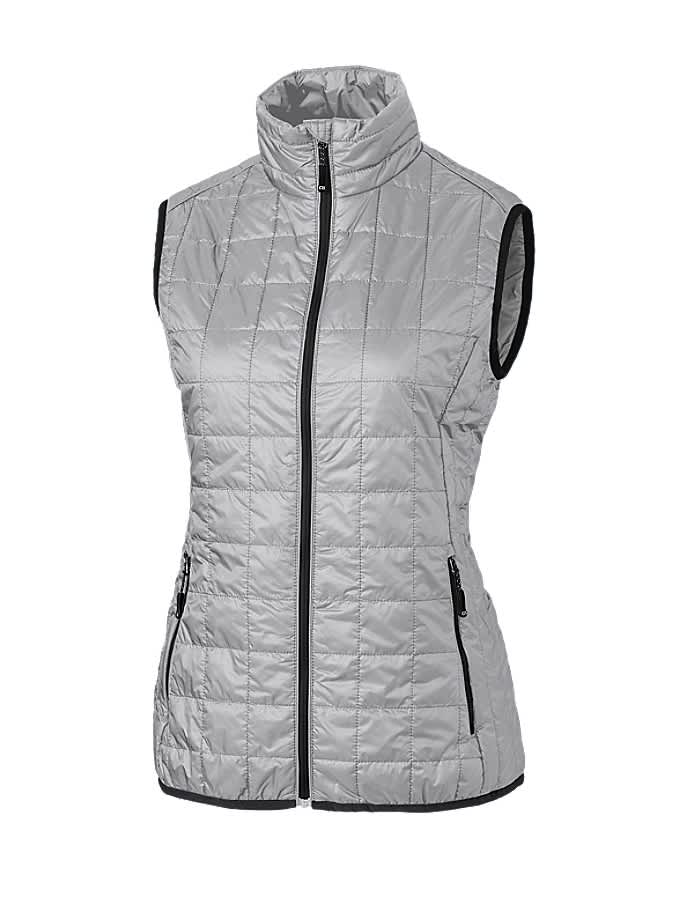 A light grey ladies' puffer vest with a high collar and zippered pockets, featuring a logo on the front.