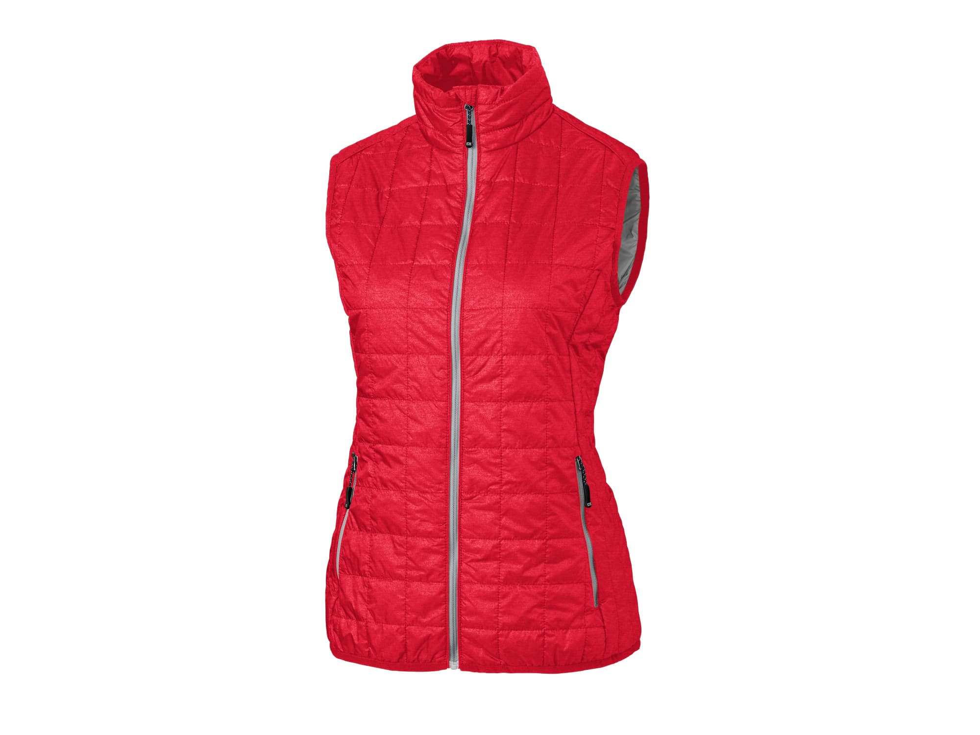 A red puffer vest with a high collar and zipper front, featuring two side pockets and a logo.
