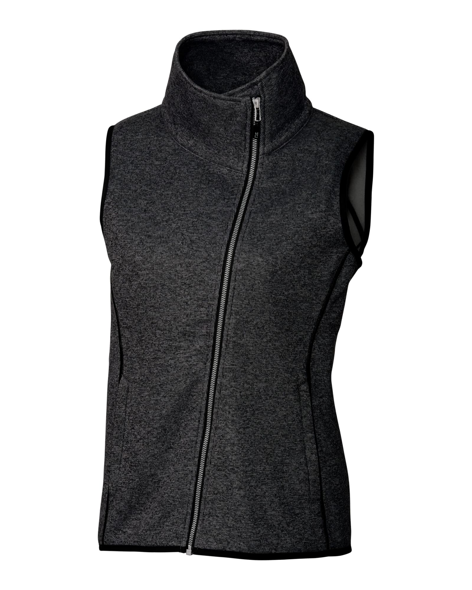 A sleeveless grey vest with a high collar and front zipper, featuring a contrasting trim and a logo.