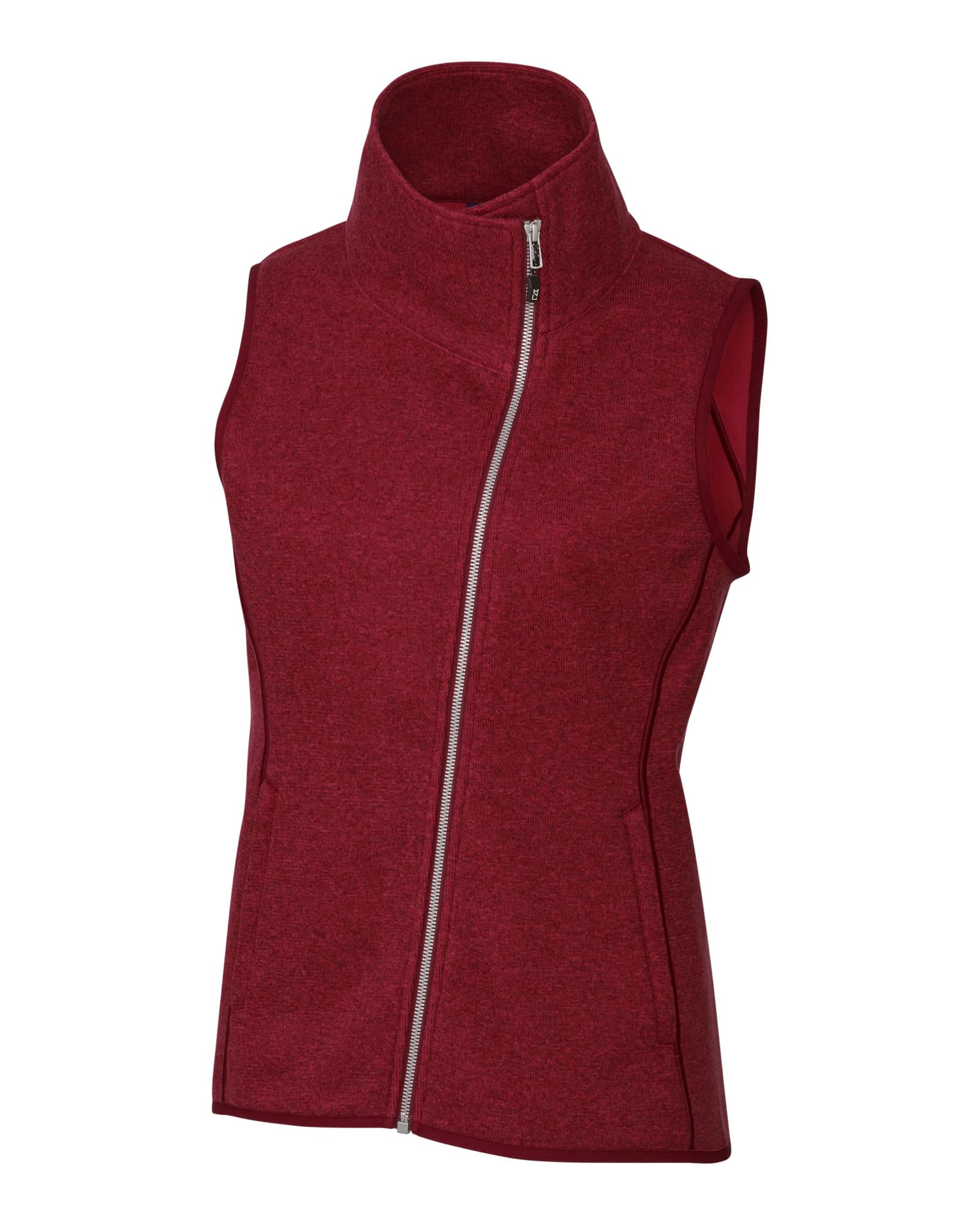A red ladies' vest with a high collar and a zip front, featuring a fitted design and contrasting inner lining.