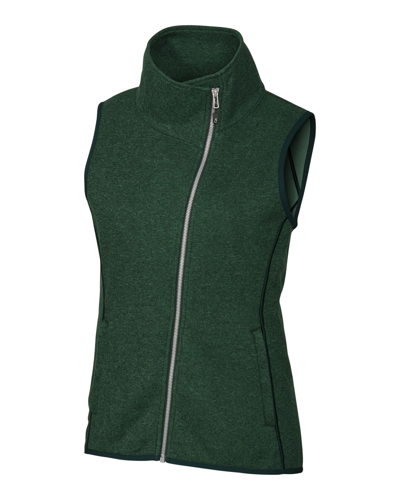 A green sleeveless vest with a high collar and zippered front, featuring pockets on the sides.