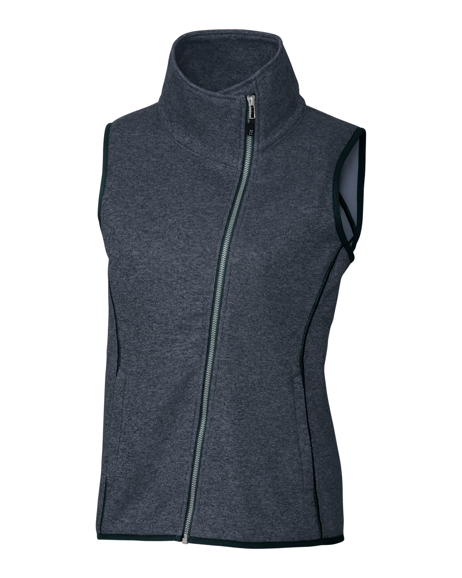 A grey sleeveless vest with a high collar and a front zip. It features contrasting trim.