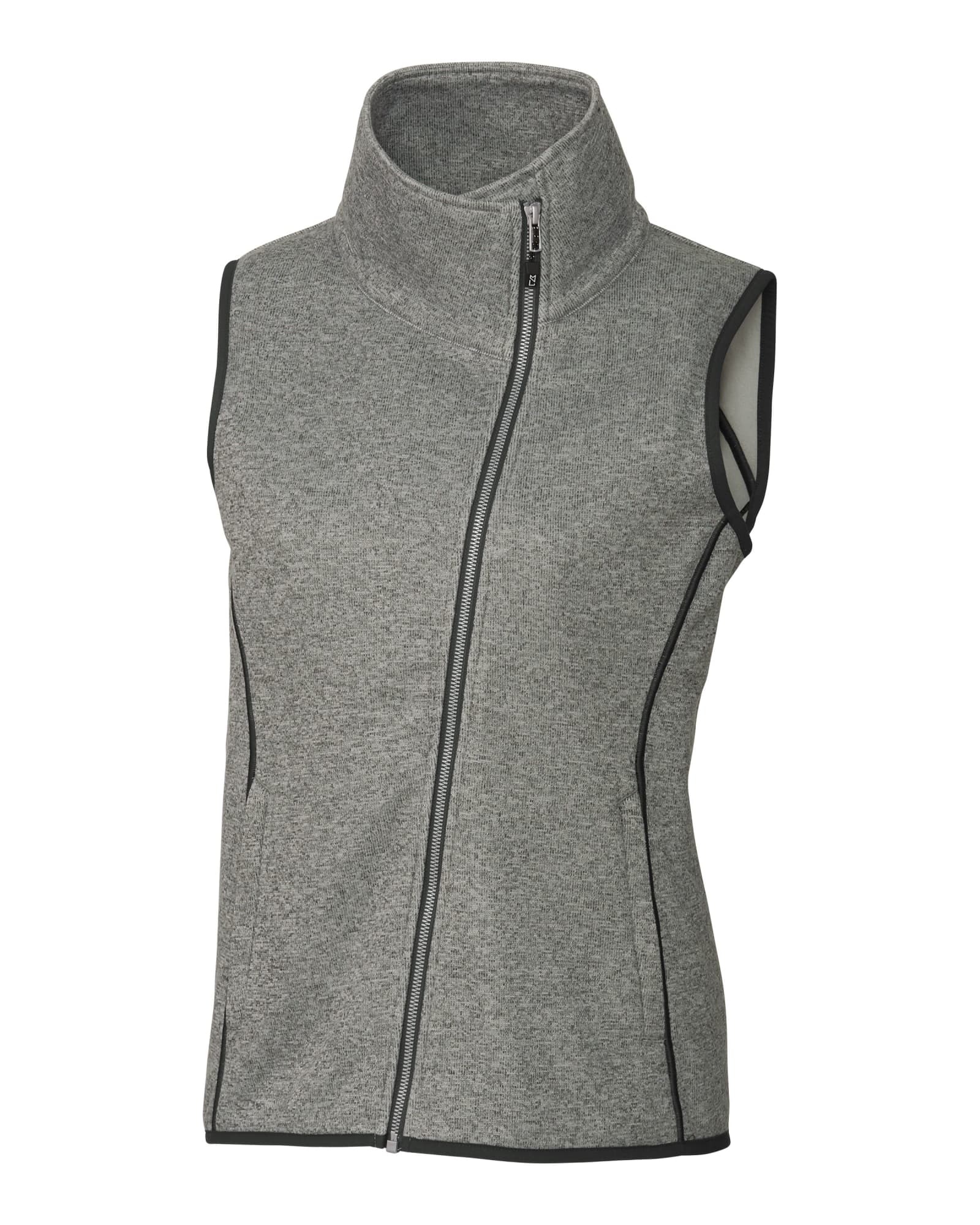 A grey ladies' vest featuring a high collar and zip front, with contrasting black accents and a logo.
