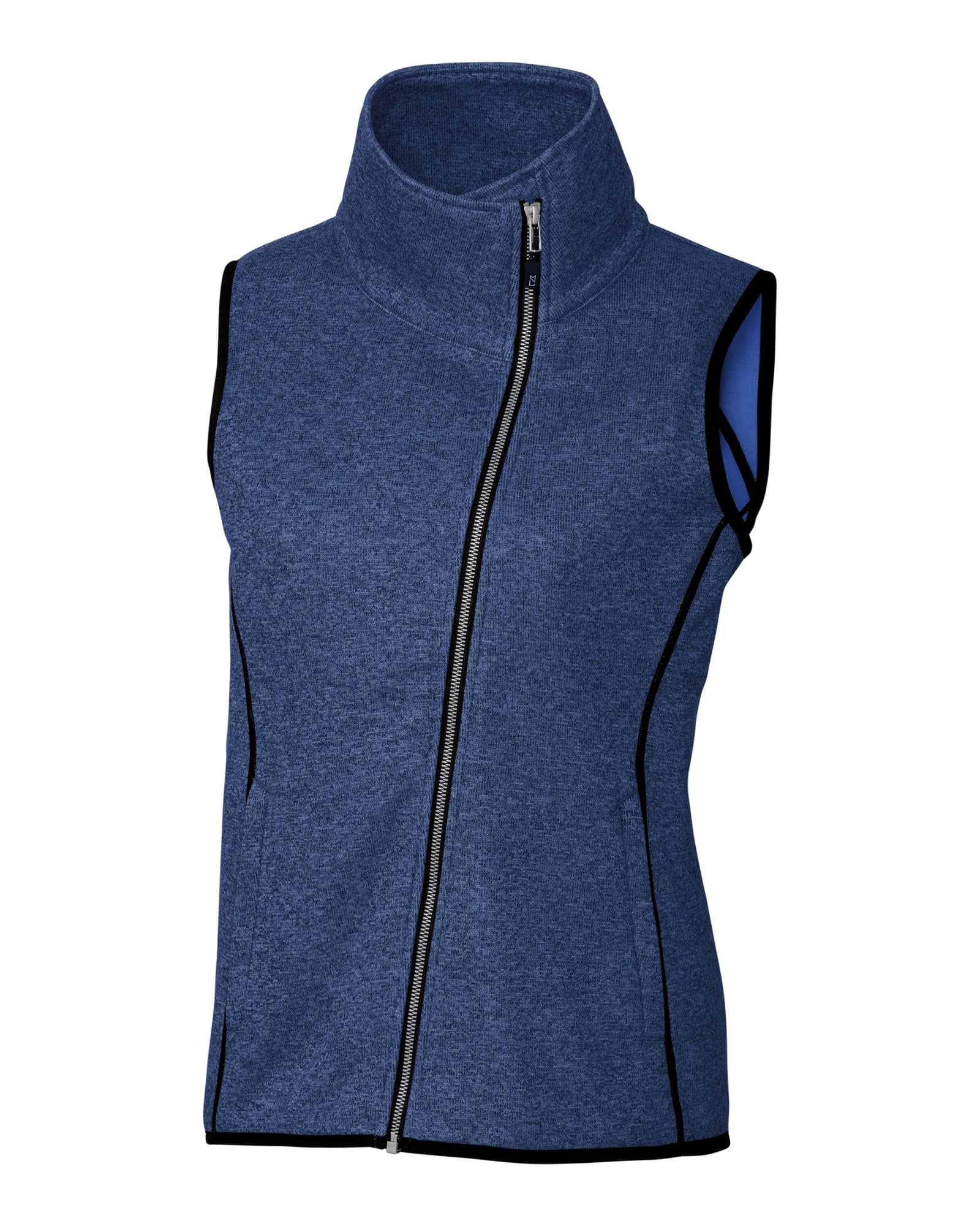 A blue ladies vest with a high collar, featuring a zip closure and contrasting stitching. It has a logo on it.