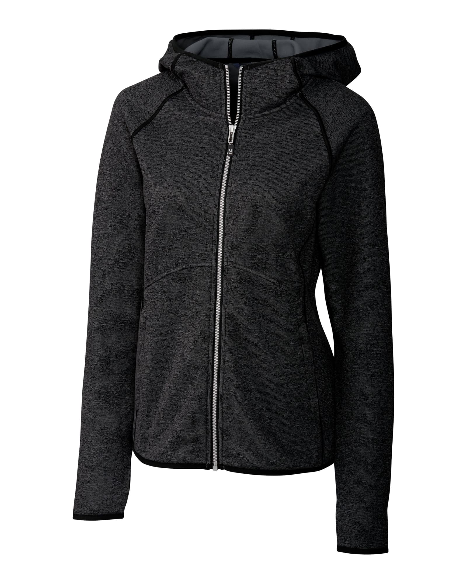 A charcoal grey hooded jacket with zip fastening and contrasting black trim. It features a logo on the garment.