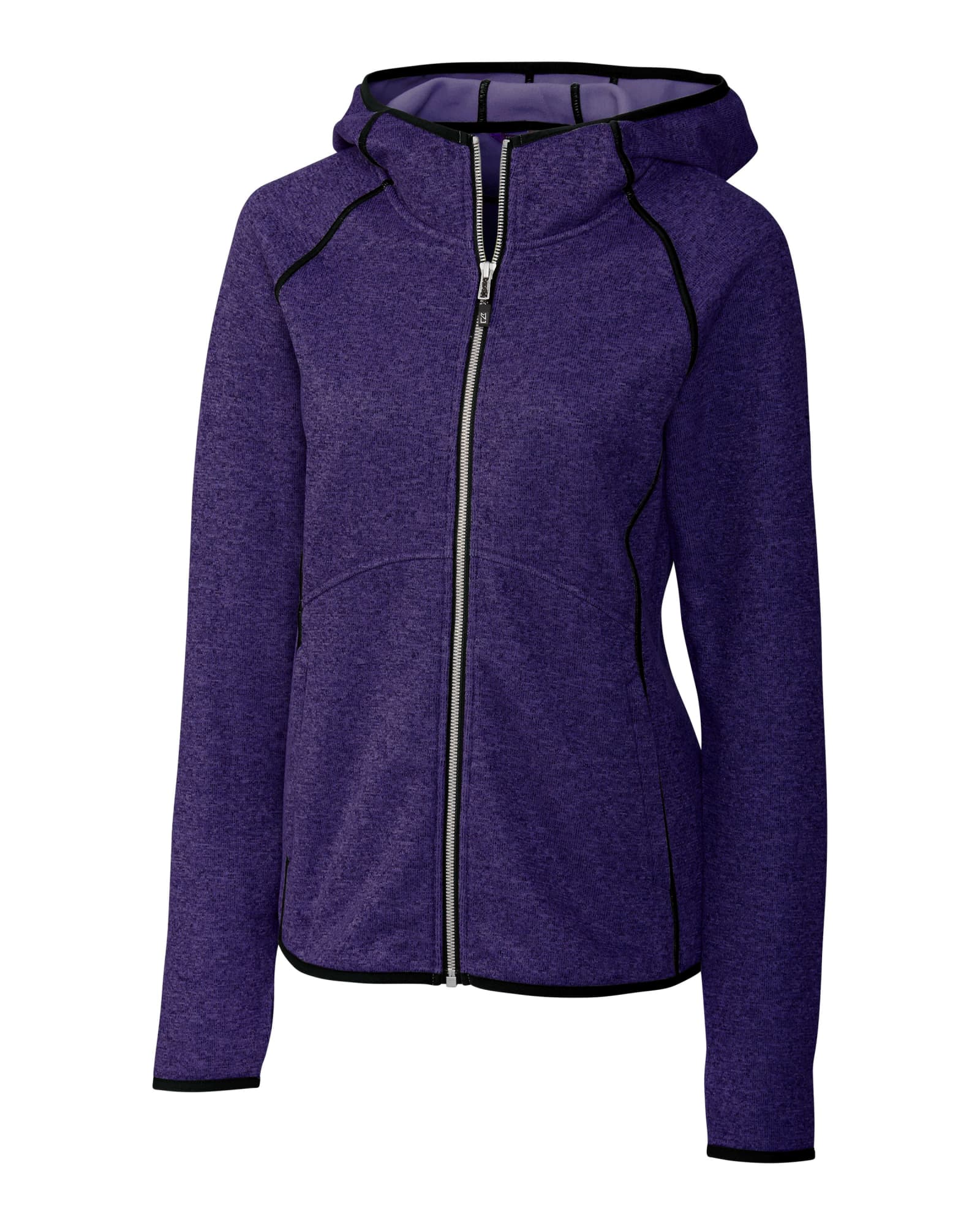 A purple hooded jacket with a zip front, featuring contrasting black seams and a logo on the chest.