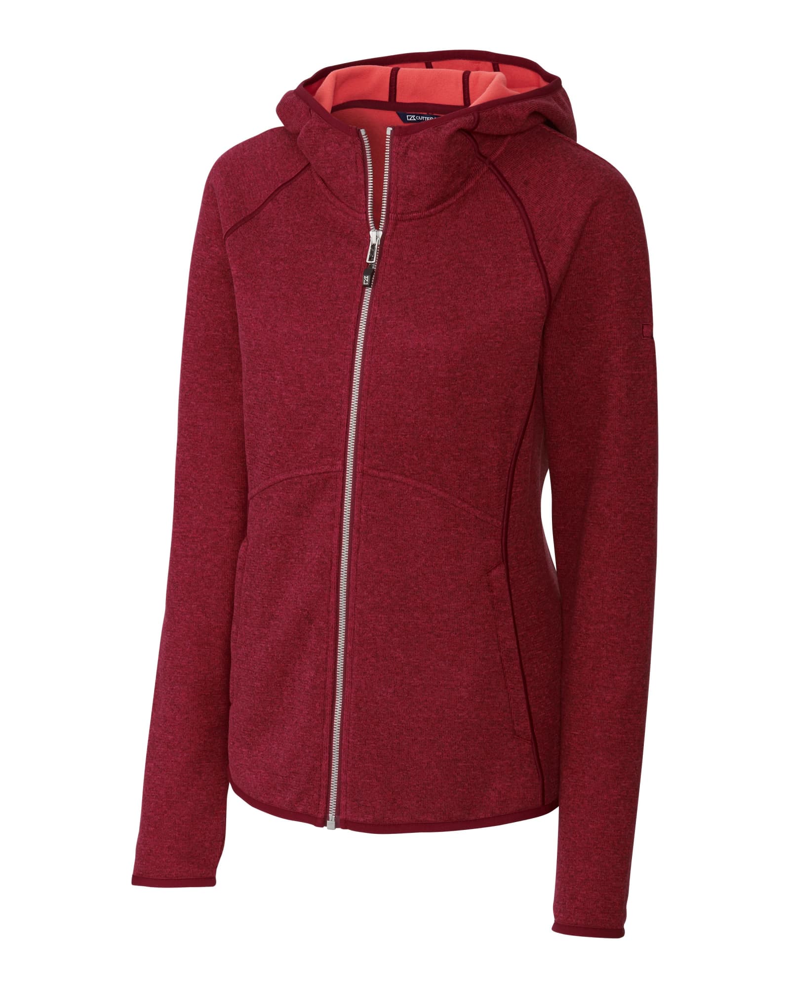 A hooded jacket in a deep red hue with a zip front and contrasting inner lining. It features a logo on the sleeve.