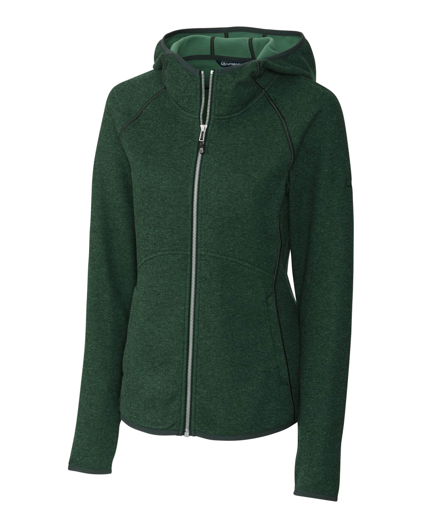 A green hooded jacket with a zip front and fitted design, featuring a logo on the chest.