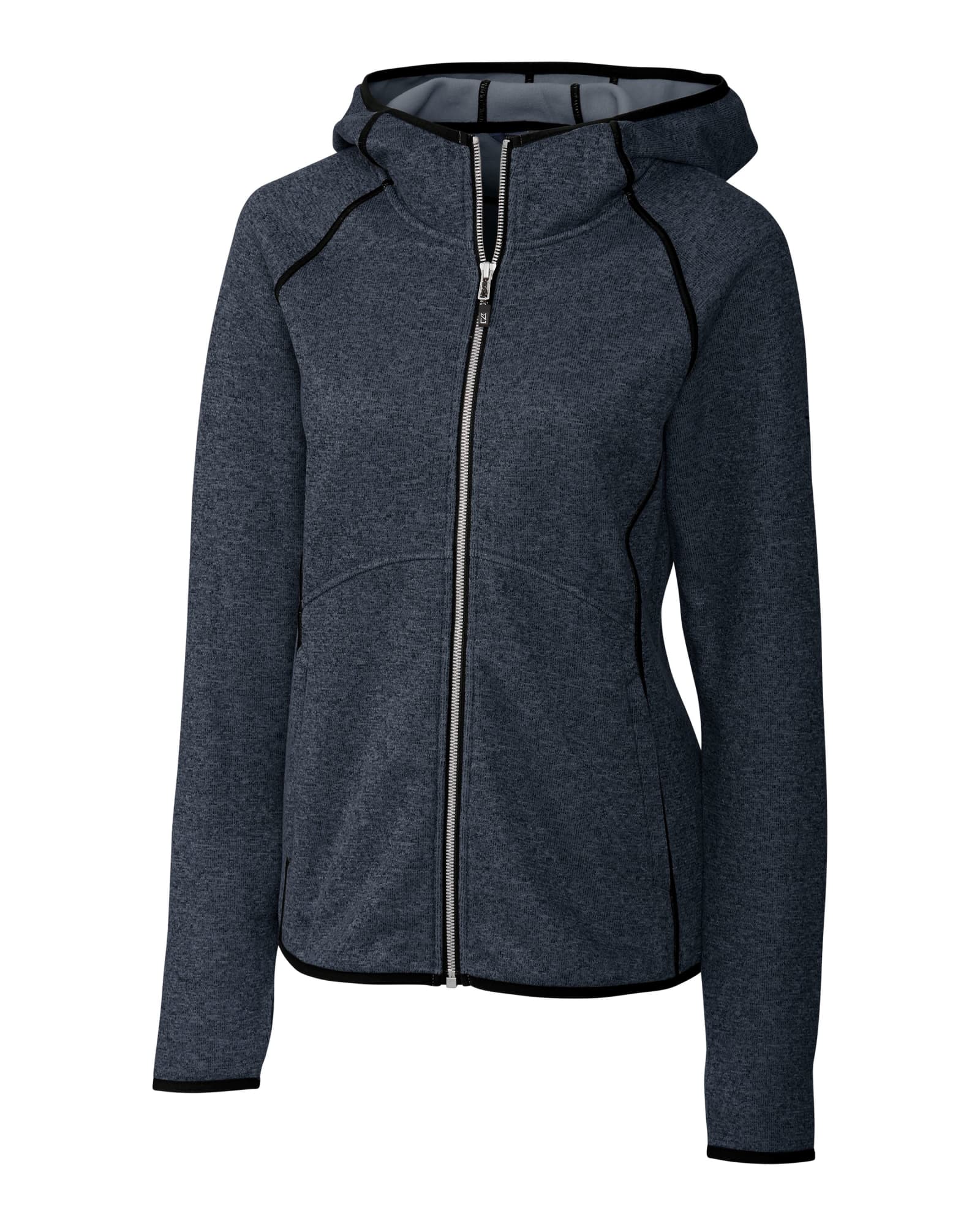 A dark grey hooded jacket featuring a zip front and contrasting seams, designed for women. It includes a logo.