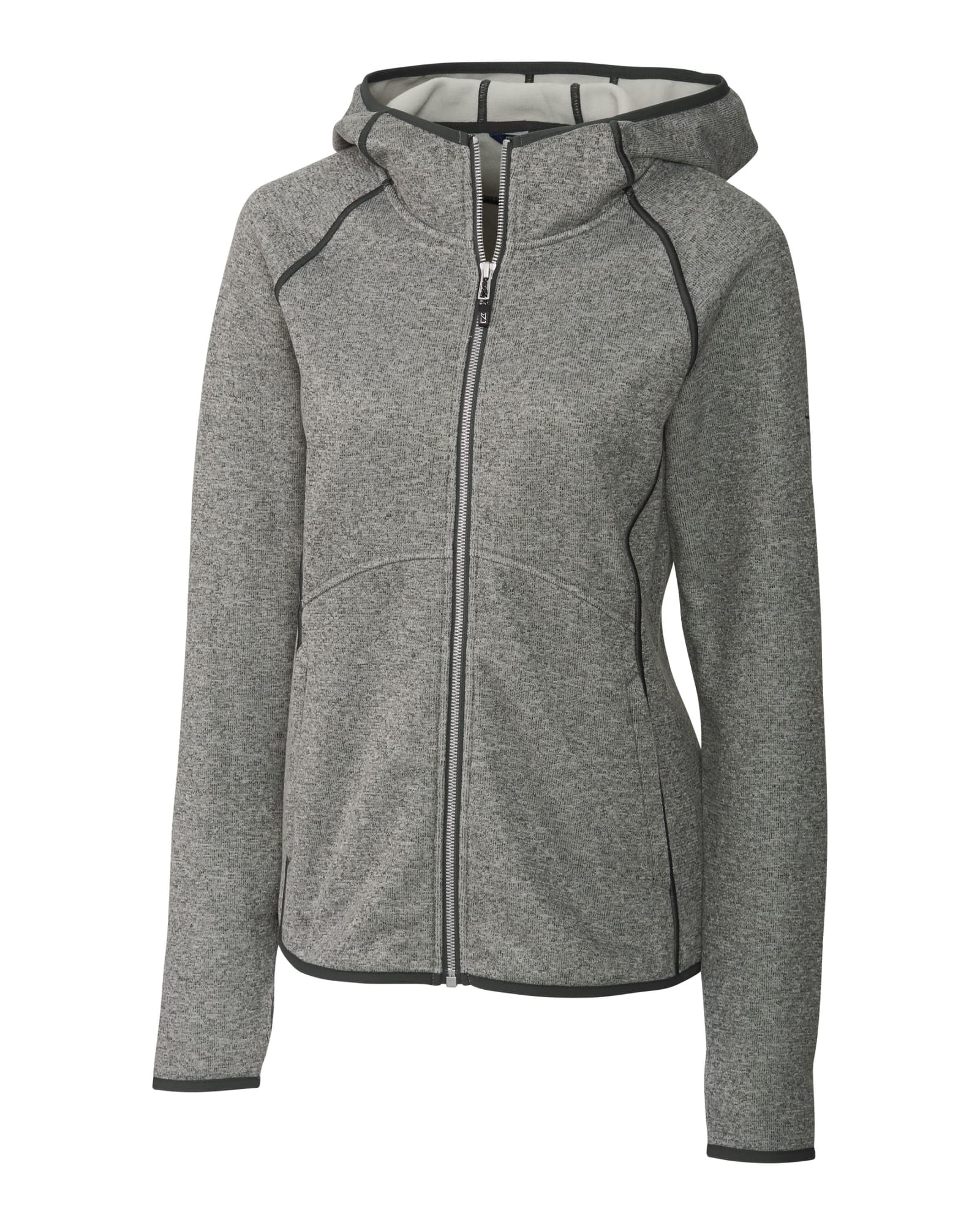 A grey hooded jacket with a full zipper, featuring a fitted design and contrasting trim. It includes a logo on the garment.