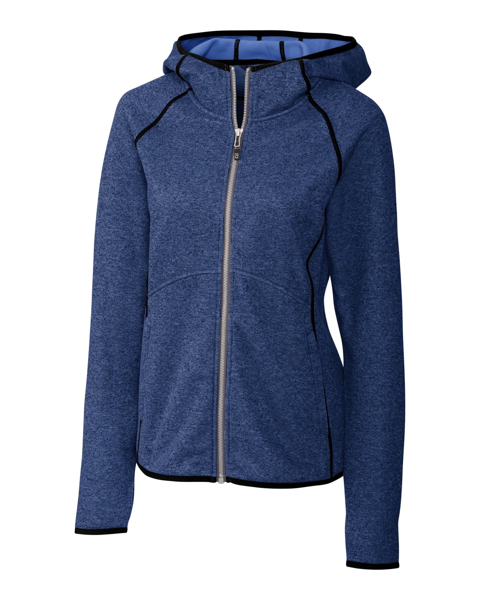 A ladies' hooded jacket in blue, featuring a zip front and contrasting inner lining, with a logo on the side.
