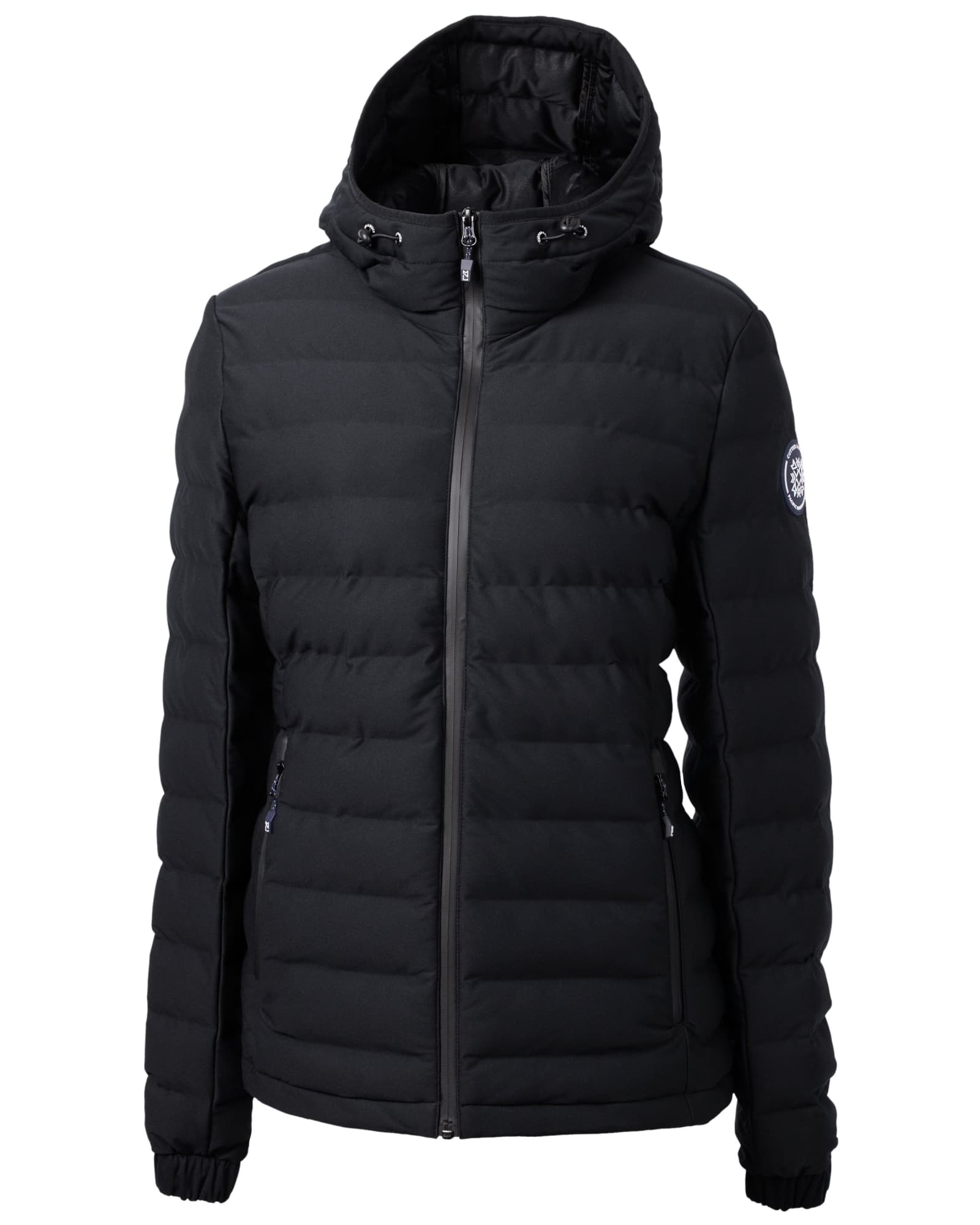 A black Ladies Mission Ridge Puffer Jacket with a hood and zippered pockets, featuring a logo on the sleeve.