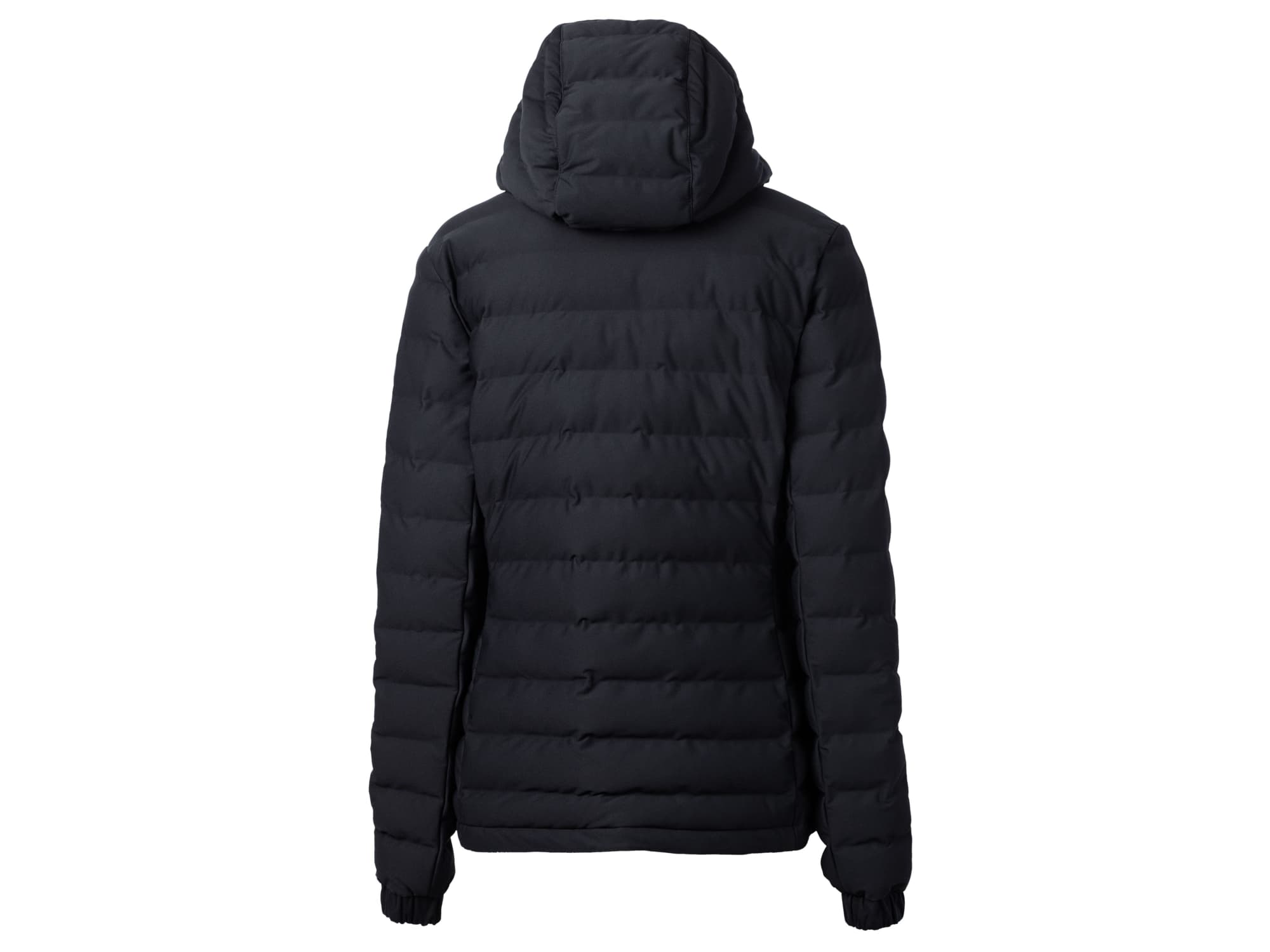 A black puffer jacket with a hood, featuring a quilted design and elastic cuffs, alongside a logo.