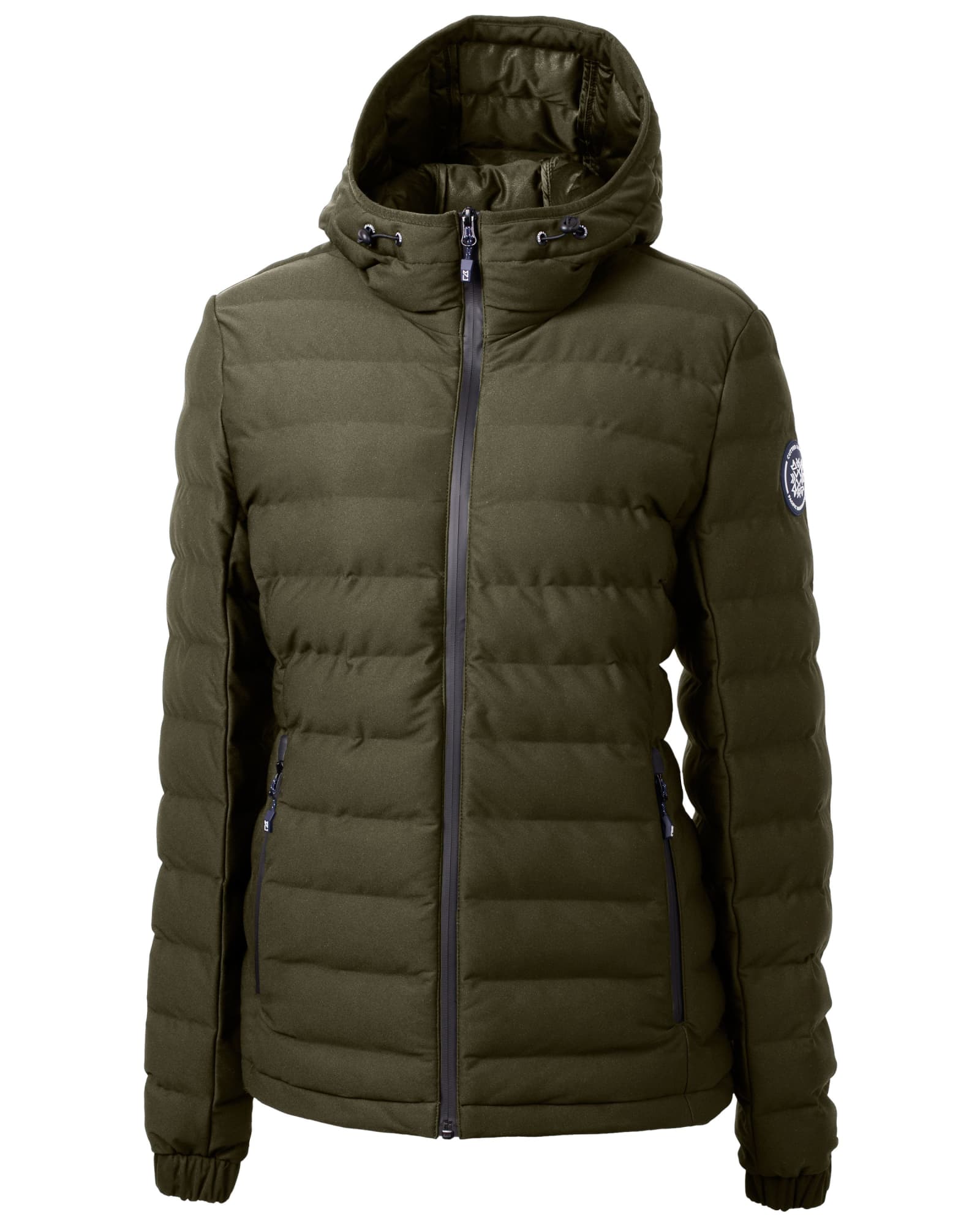 A green puffer jacket with a hood, featuring zippered pockets and a logo on the sleeve.