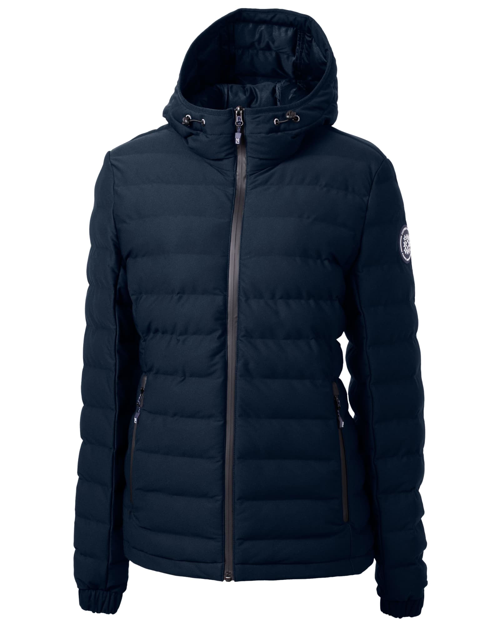 A navy blue ladies puffer jacket with a hood, featuring zip-up front and side pockets. Includes a branding logo.