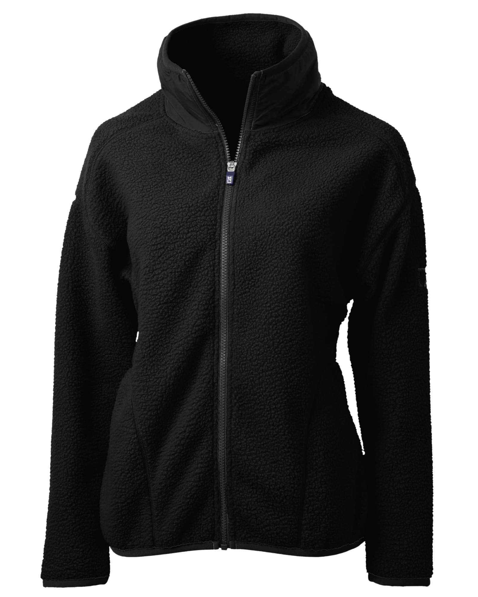 A black eco Sherpa jacket with a zip front and high collar, featuring a logo on the sleeve.
