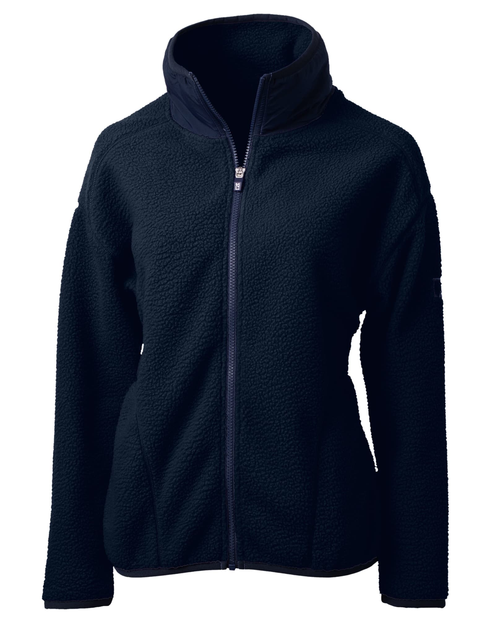 A dark navy eco-friendly Sherpa jacket with a high collar and a zippered front, featuring a logo.