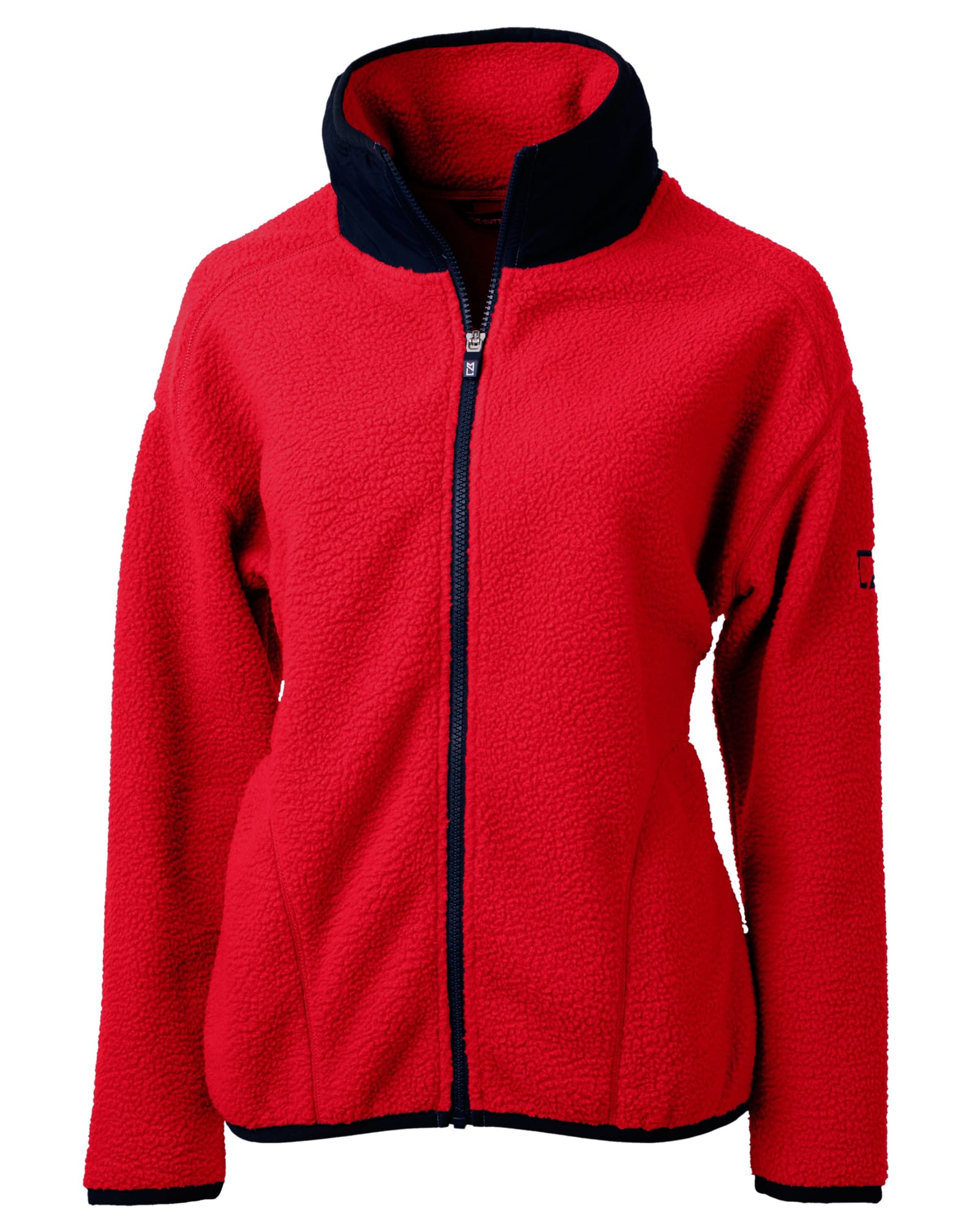 A red eco sherpa jacket with a navy collar and zip closure, featuring a logo on the sleeve.