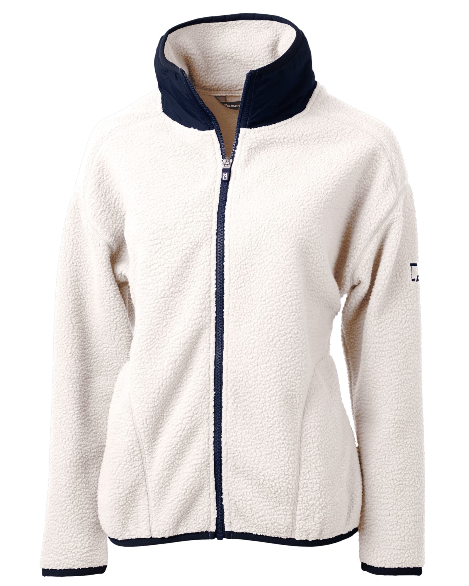 A cream-coloured eco-friendly Sherpa jacket with a navy collar, featuring a logo on the sleeve.