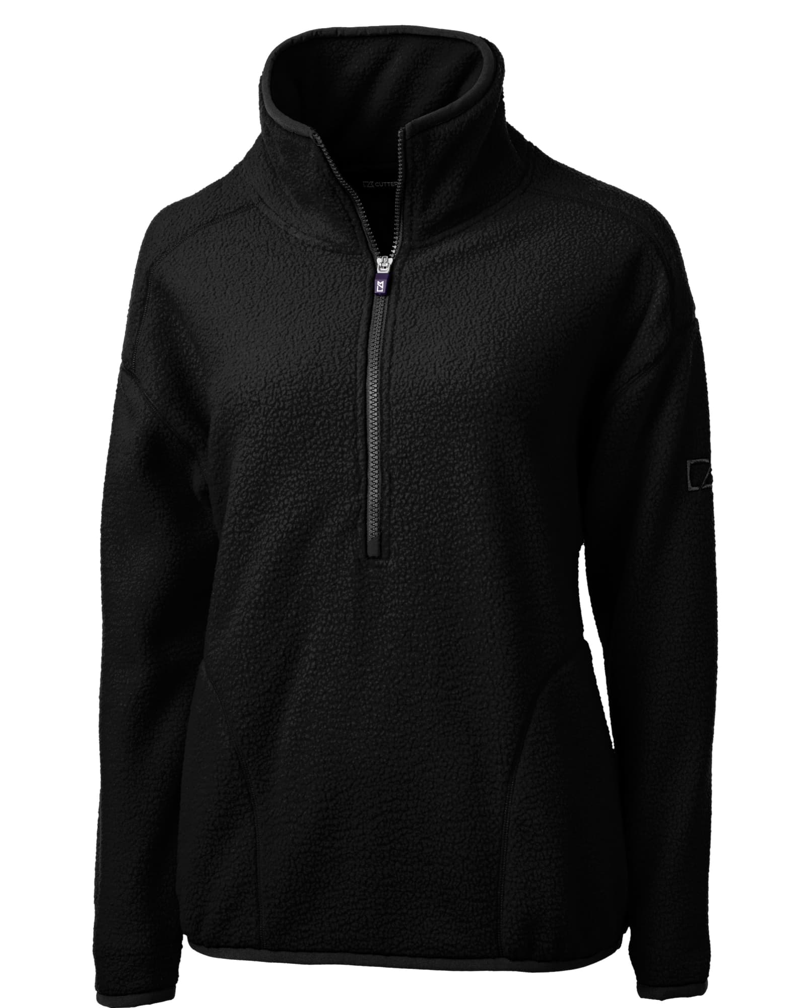 A black eco-friendly half zip jacket with a soft, Sherpa texture, featuring a zippered front and a logo on the sleeve.