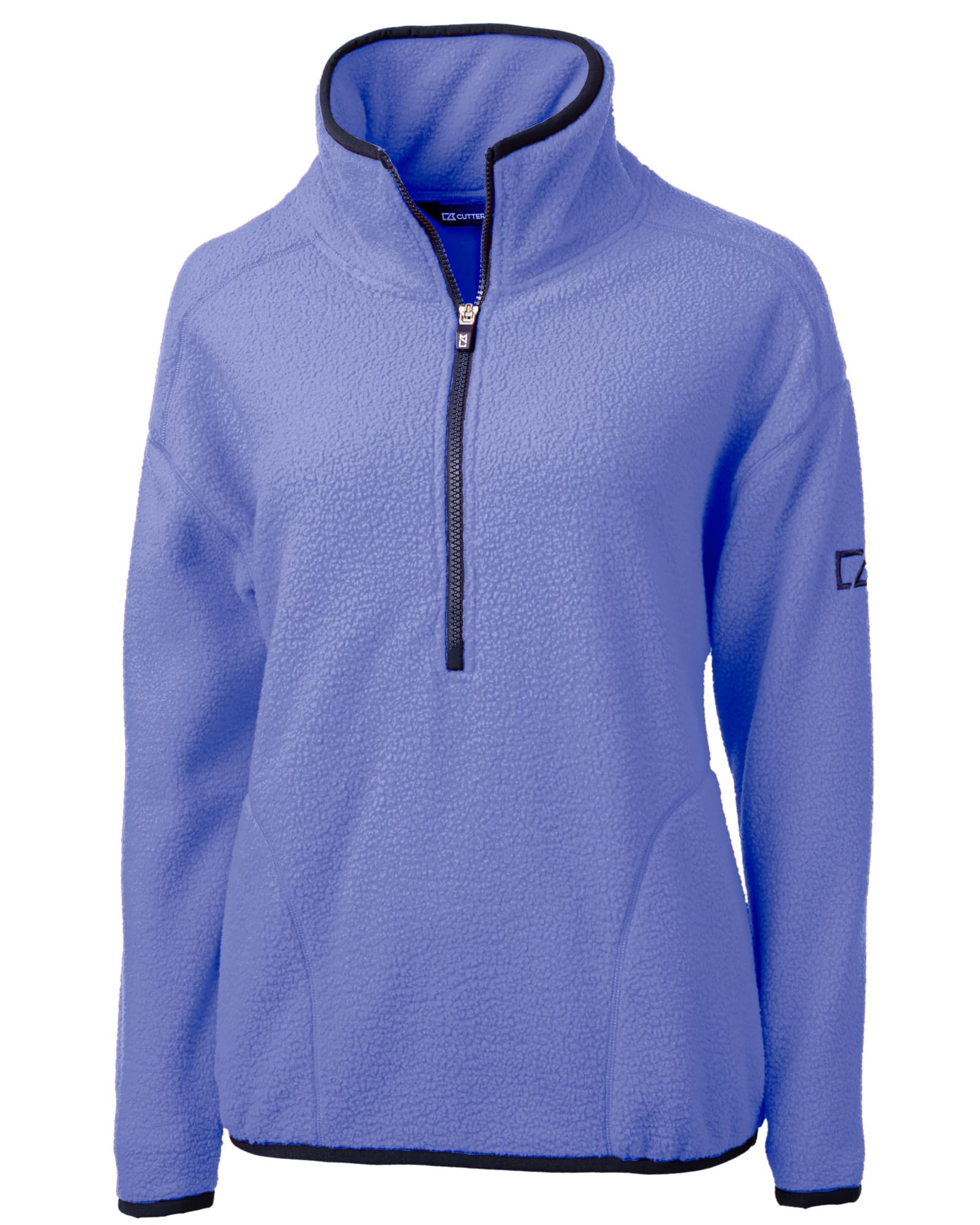 A light purple eco-friendly half zip jacket made from Sherpa fabric, featuring a zipped collar and a logo.